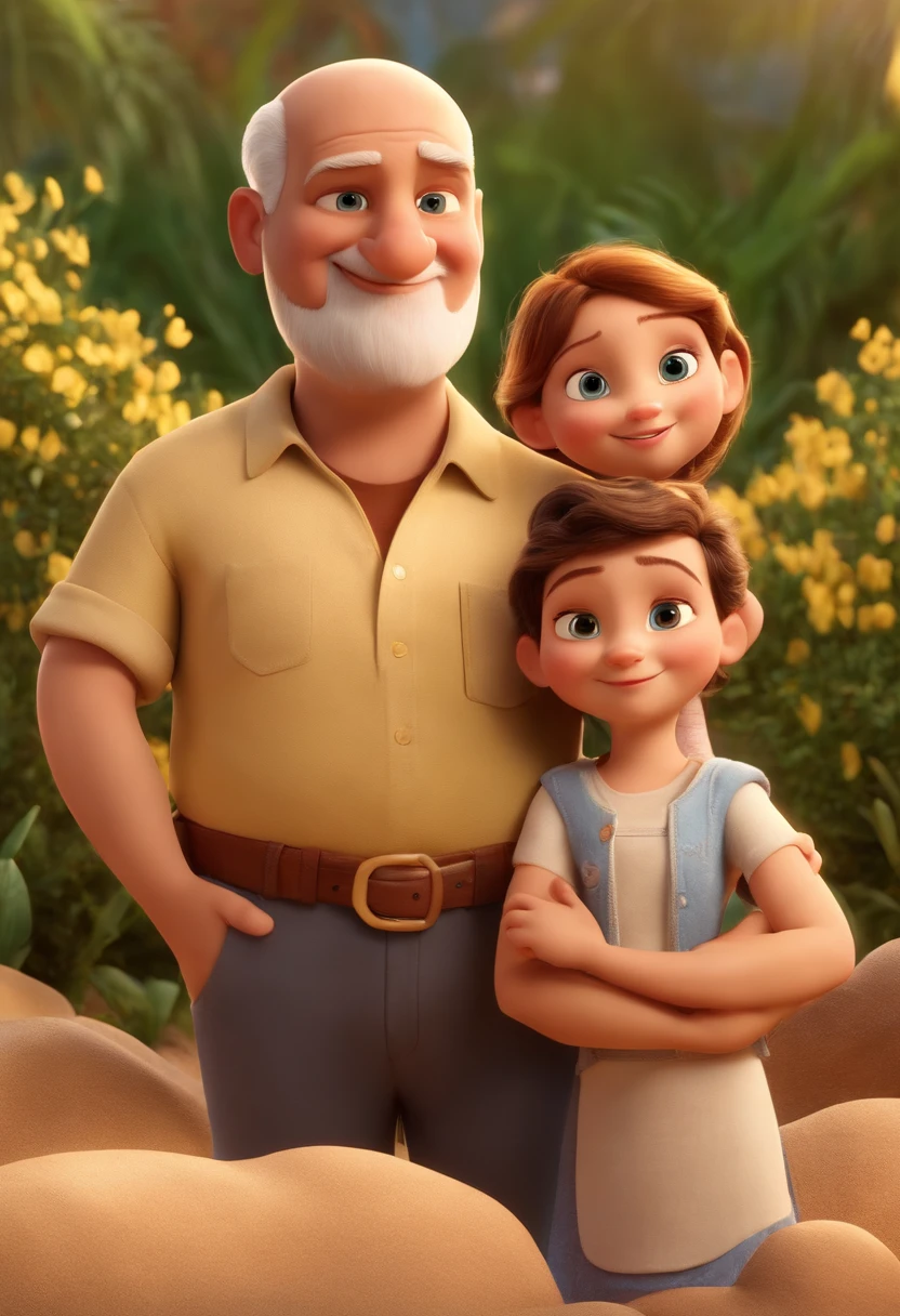 a Disney Pixar movie poster showing a white-skinned family. Dad is shorter than mom and bald, He doesn't have a beard, olhos castanhos e esta ligeiramente acima do peso. The mother has brown eyes and hair, na altura dos ombros, liso, has wide hips and a thin frame and is slightly overweight. O menino tem 3 anos e cabelos castanhos, blusa azul e short amarelo. The background is a beach garden. 3D-rendering
