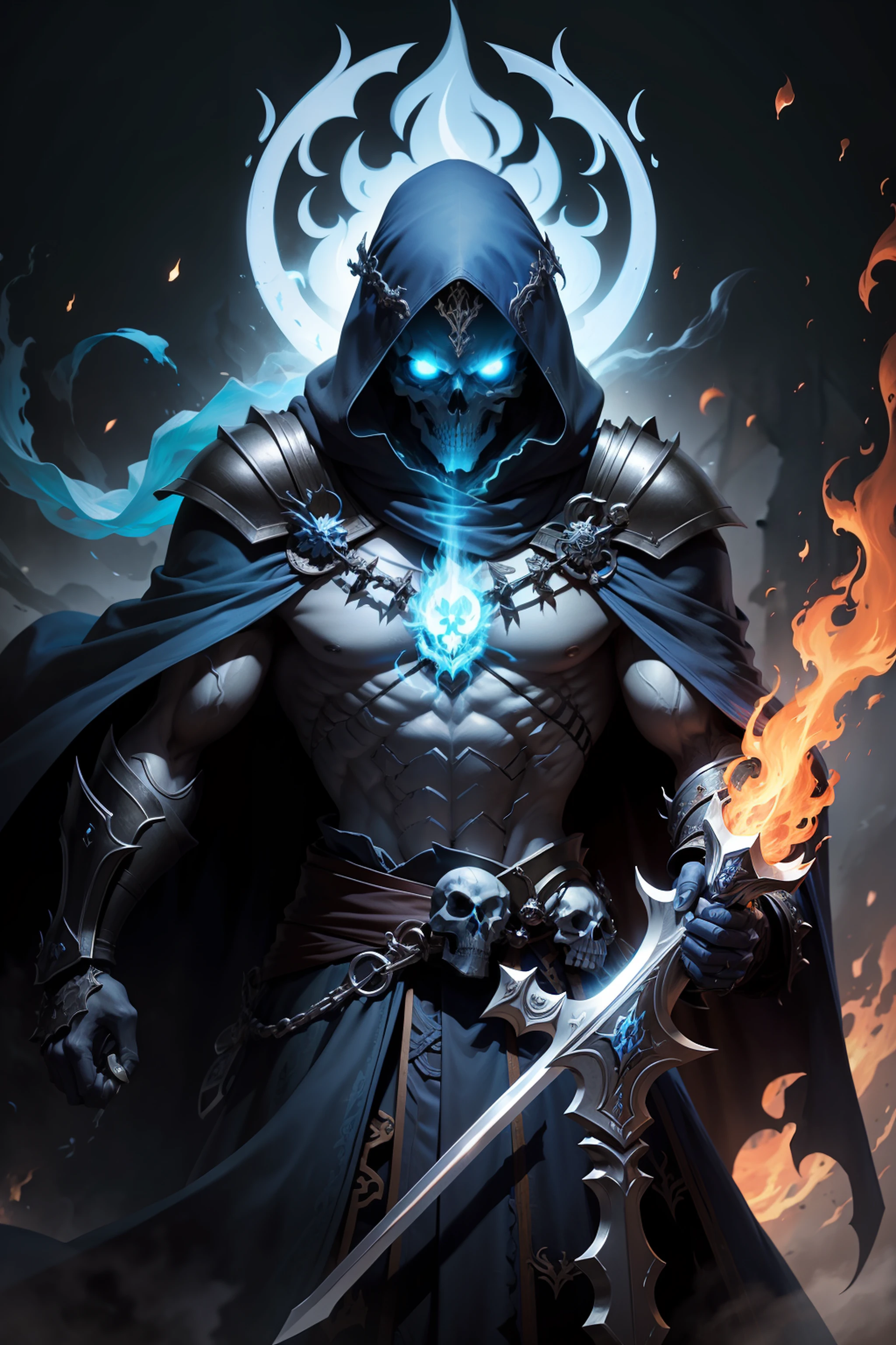 skeleton warrior,Blue cloak with flames,Hold a sword in hand,The skull has ghost fire in its eyes,Out of the flames,Ultra-clear details,offcial art,Extreme aesthetics,light and shadow perspective,Powerful muscles,Fierce eyes,unparalleled,Powerful special effects