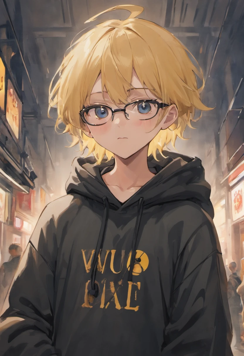 A young man in a black hoodie logo advisory and also wear gray Beanie hat and wear full round glasses with dog tag necklace in his neck, with ordinary eyes and yellow hair, who is always calm