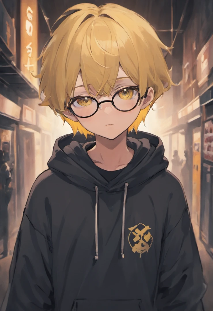 A young man in a black hoodie logo advisory and also wear gray Beanie hat and wear full round glasses with dog tag necklace in his neck, with ordinary eyes and yellow hair, who is always calm