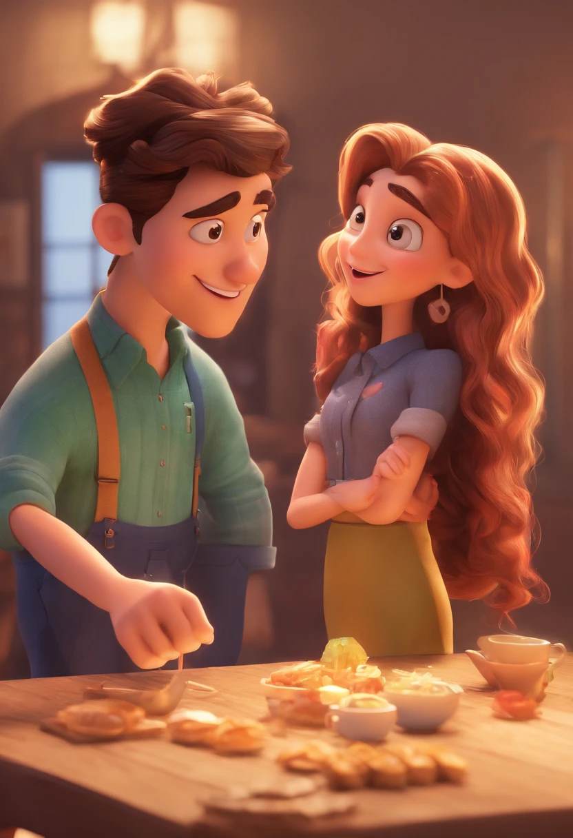 An illustration of an adorable couple, destacando um homem e uma mulher com bonito, Expressive eyes – the man's skin is black and the man's hair is bald and black, while the woman's skin is black and the woman's hair is curly and brown. They are a bright room, cada um com um sorriso no rosto, e compartilhar um momento especial caracterizado pelo amor, arroz, e insights educacionais. Illustrate this scene from a perspective where they are facing away from the camera, Showing Your Connection. Desenvolva esta arte em Full HD, Focus on your cinematic touch, Estilo Disney Pixar Animations