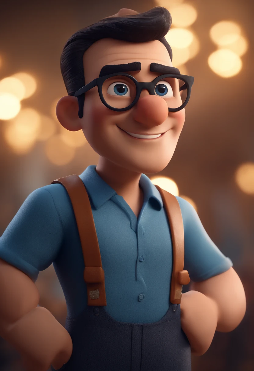 Cartoon character of a man with black glasses and a blue shirt, animation character, Caractere estilizado, animation style rendering, 3D estilizado, Arnold Maya render, 3 d render stylized, toon render keyshot, Personagem 3D, Personagem 3D, 3d rendering stylized, 3 d character render, personagem de desenho animado, Personagem de close up, Pose de personagem,  (Estilo Pixar) (master part:1.2) (Bokeh) (best quality) (pele detalhada) (textura detalhada) (8k) (argila) (Cinematic lighting) (foco nítido