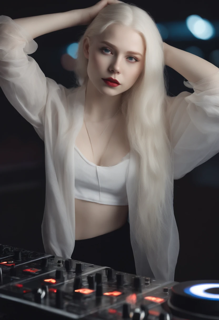 Play a wonderful 20-year-old albino girl, with white skin and platinum hair, in evening clothes working as a DJ at night. She is attractive. have long hair. wearing a black lace blouse and a loose jacket. she seems to be hardworking