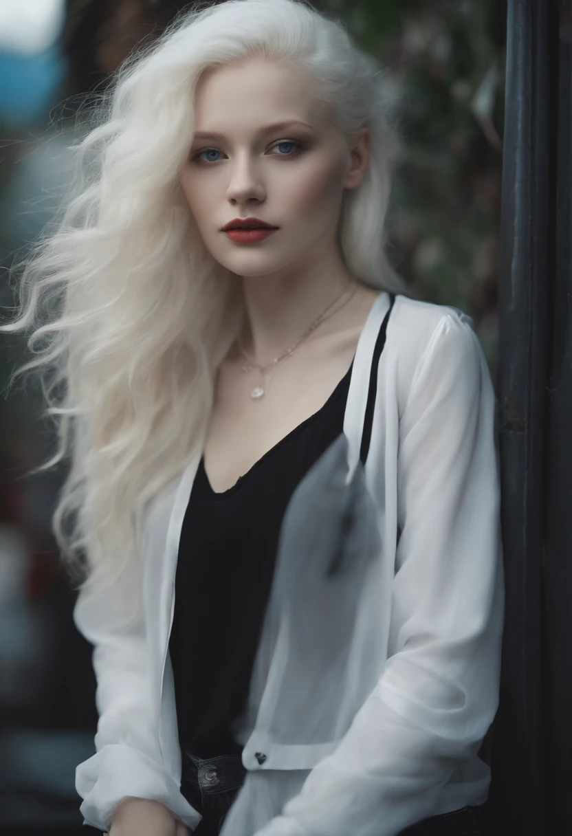 Play a wonderful 20-year-old albino girl, with white skin and platinum hair, in evening clothes working as a DJ at night. She is attractive. have long hair. wearing a black lace blouse and a loose jacket. she seems to be hardworking