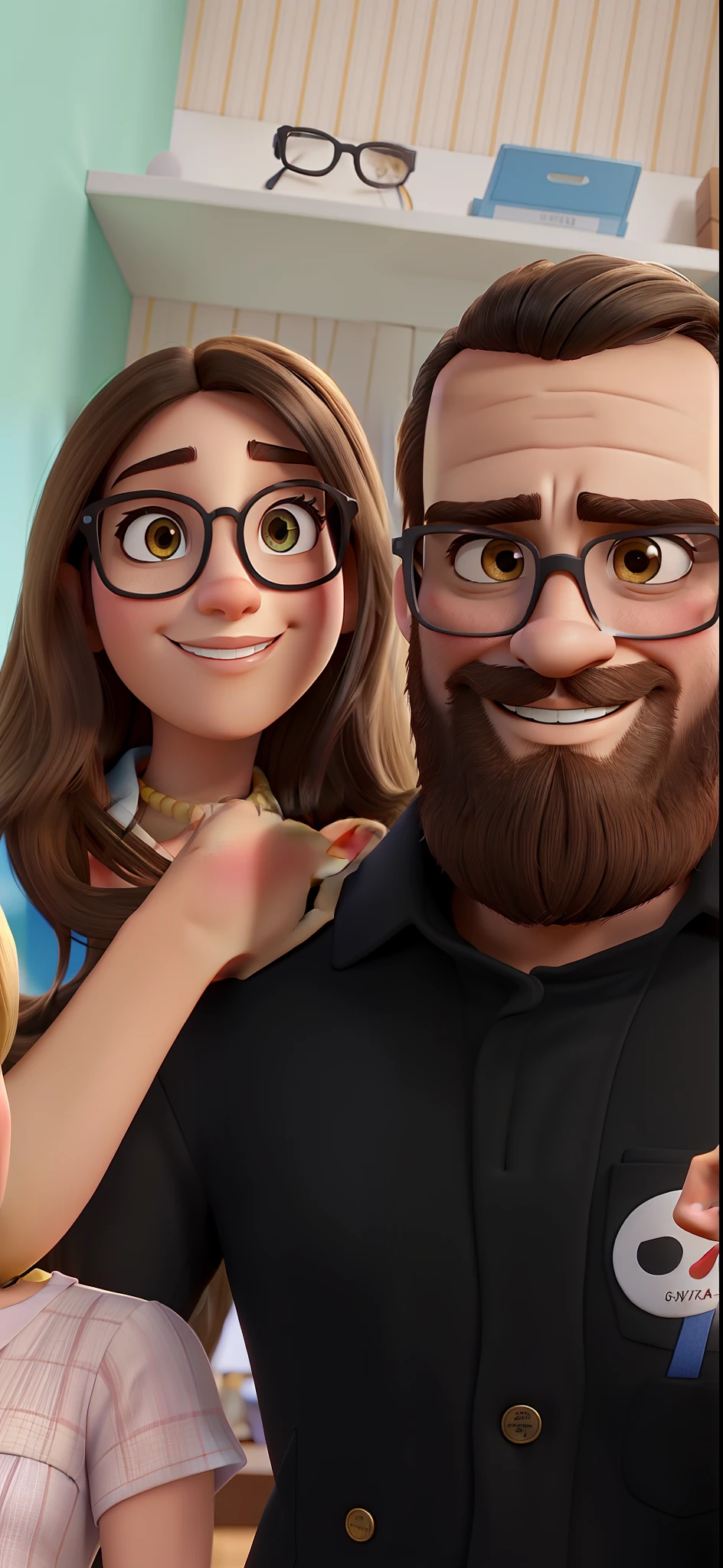 Casal estilo disney pixar melhor qualidade alta qualidade. Brunette man with black hair, beard and blonde woman, brown eyes, long straight hair, both wearing glasses