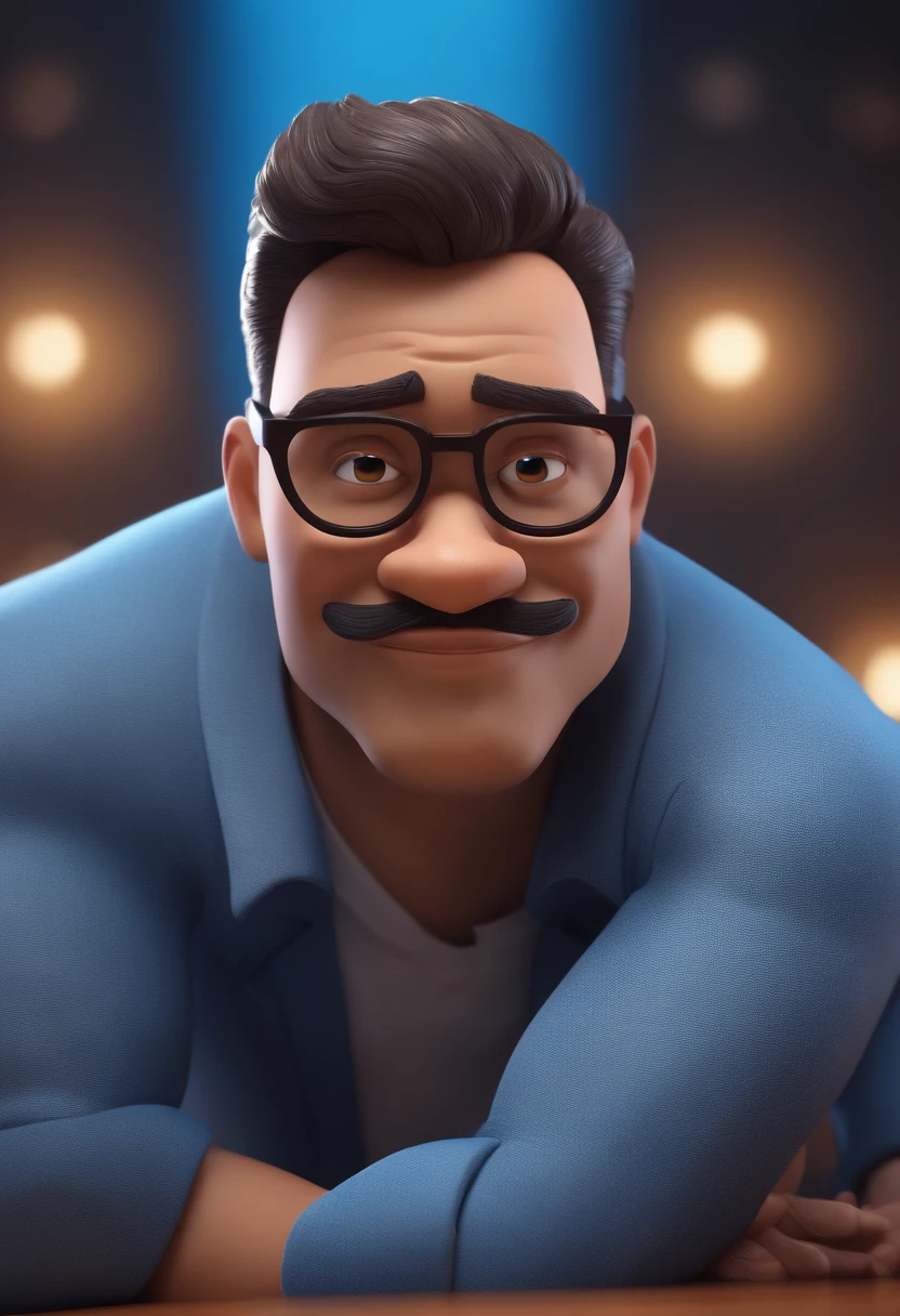 Cartoon character of a man with black glasses and a blue shirt, animation character, Caractere estilizado, animation style rendering, 3D estilizado, Arnold Maya render, 3 d render stylized, toon render keyshot, Personagem 3D, Personagem 3D, 3d rendering stylized, 3 d character render, personagem de desenho animado, Personagem de close up, Pose de personagem,  (Estilo Pixar) (master part:1.2) (Bokeh) (best quality) (pele detalhada) (textura detalhada) (8k) (argila) (Cinematic lighting) (foco nítido