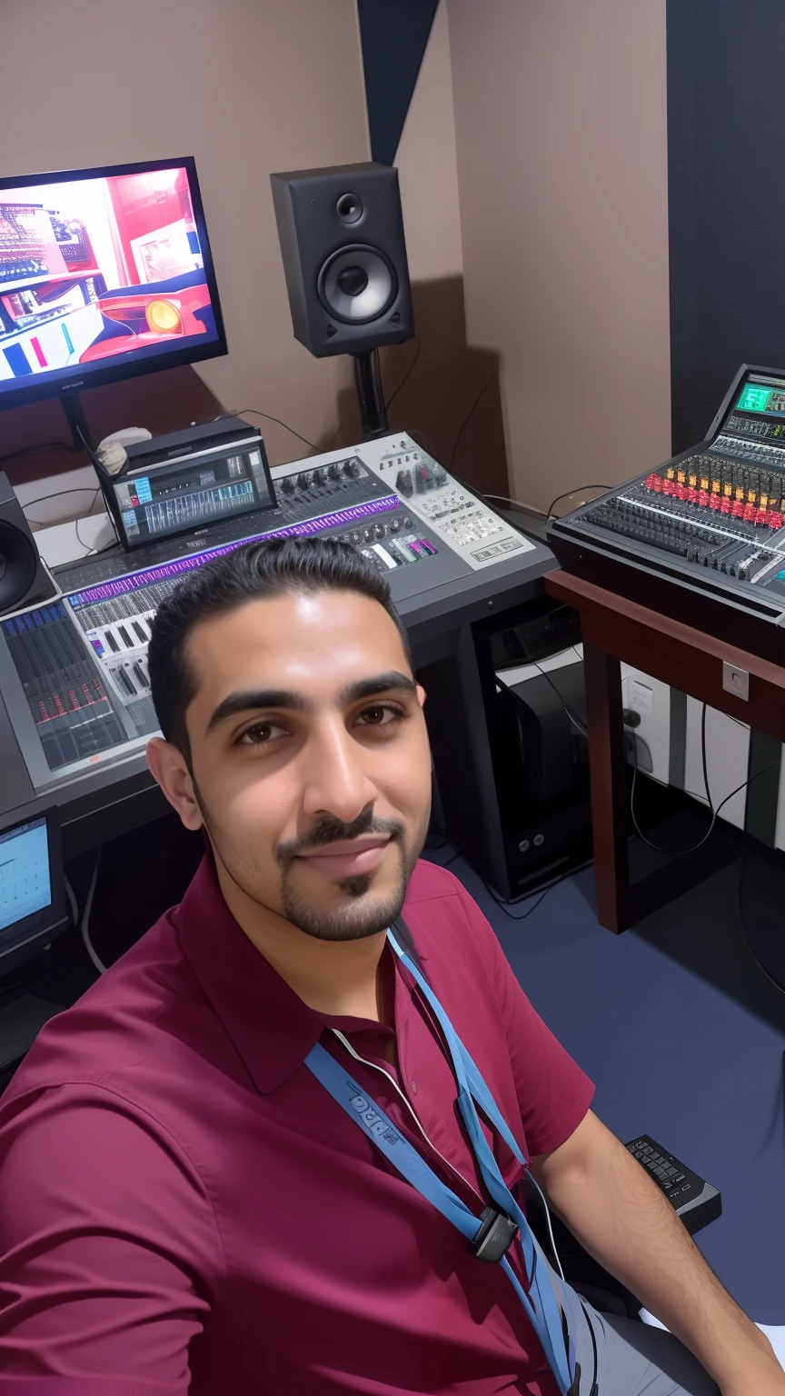 There's a man sitting in front of a computer in a recording studio, Mohamed Chahin, Fotografia tirada em 2 0 2 0, caio santos, tv production, david rios ferreira, Mistura, 8k post production, 8 k post production, studio 4 k, taken in the early 2020s, album photo, andres rios