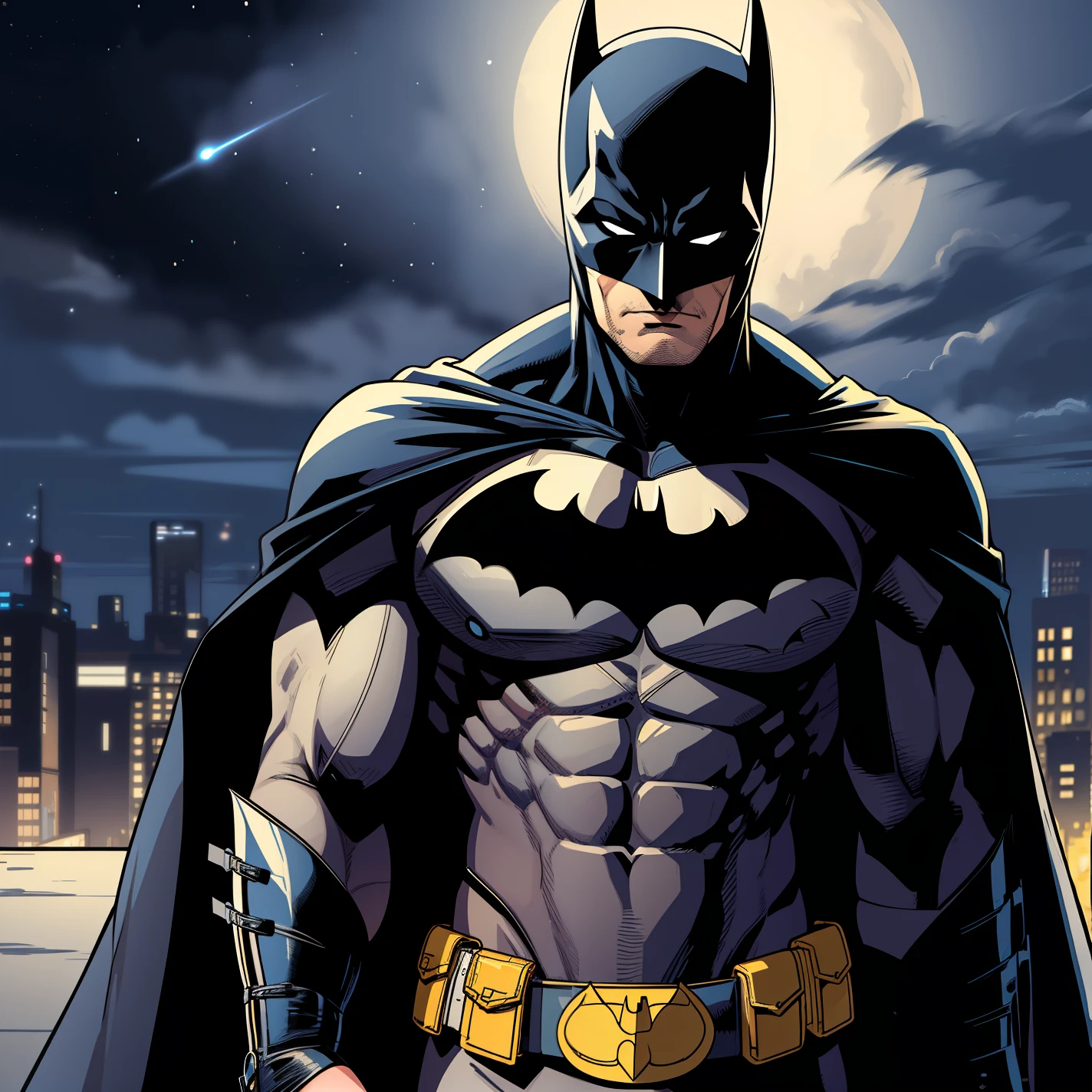 batman,1boy,night,night sky,black cape,mask,white eyes,no pupils ,superhero,bat ears,pouch,gri spandex, black bodysuit ,abs,muscular male,utility belt,