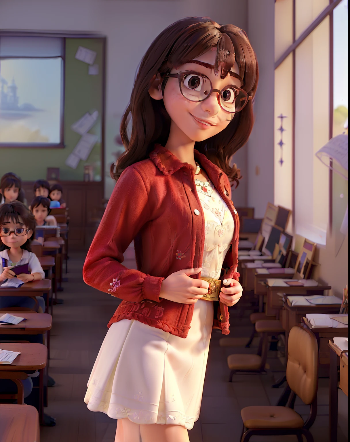 (A small chest:1.3),(Masterpiece, Best quality:1.4), (Beautiful, Aesthetic, Perfect, Delicate, Intricate:1.2),((Best quality)), ((Masterpiece)), (Detailed),(A high resolution:1.2), Classroom, An adult female, Smiling Claudia Chever, Red shirt, White skirt, Glasses, Bend over, angle of view,