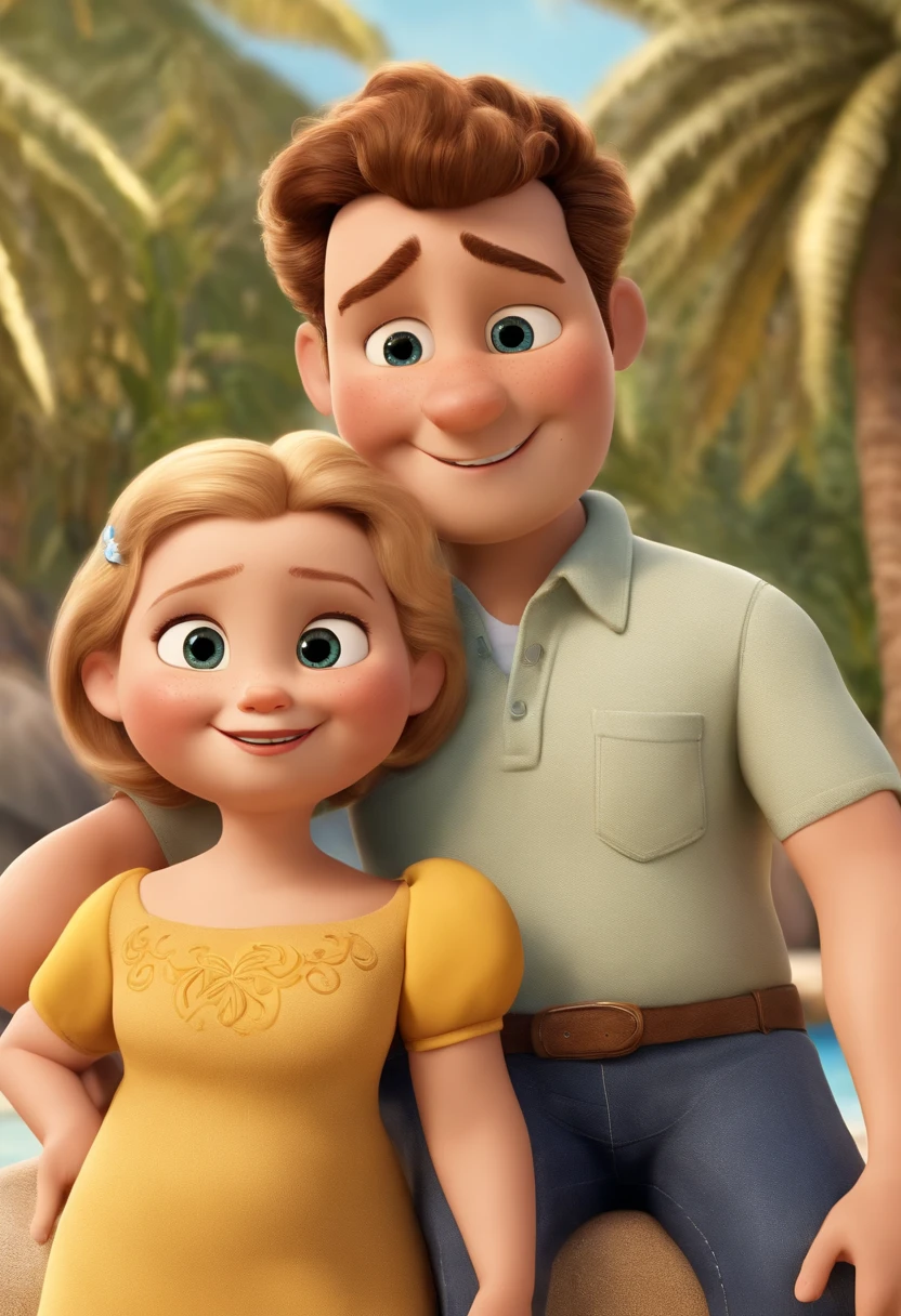 a Disney Pixar movie poster showing a white-skinned family. Daddy is shorter than mom and bald, olhos castanhos e esta ligeiramente acima do peso. The mother has brown eyes and wears glasses and straight brown hair, na altura dos ombros, He has wide hips and a slim waist and is slightly overweight. O tem 3 anos e cabelos castanhos, blusa azul e short amarelo. The background is a beach garden. 3D-rendering