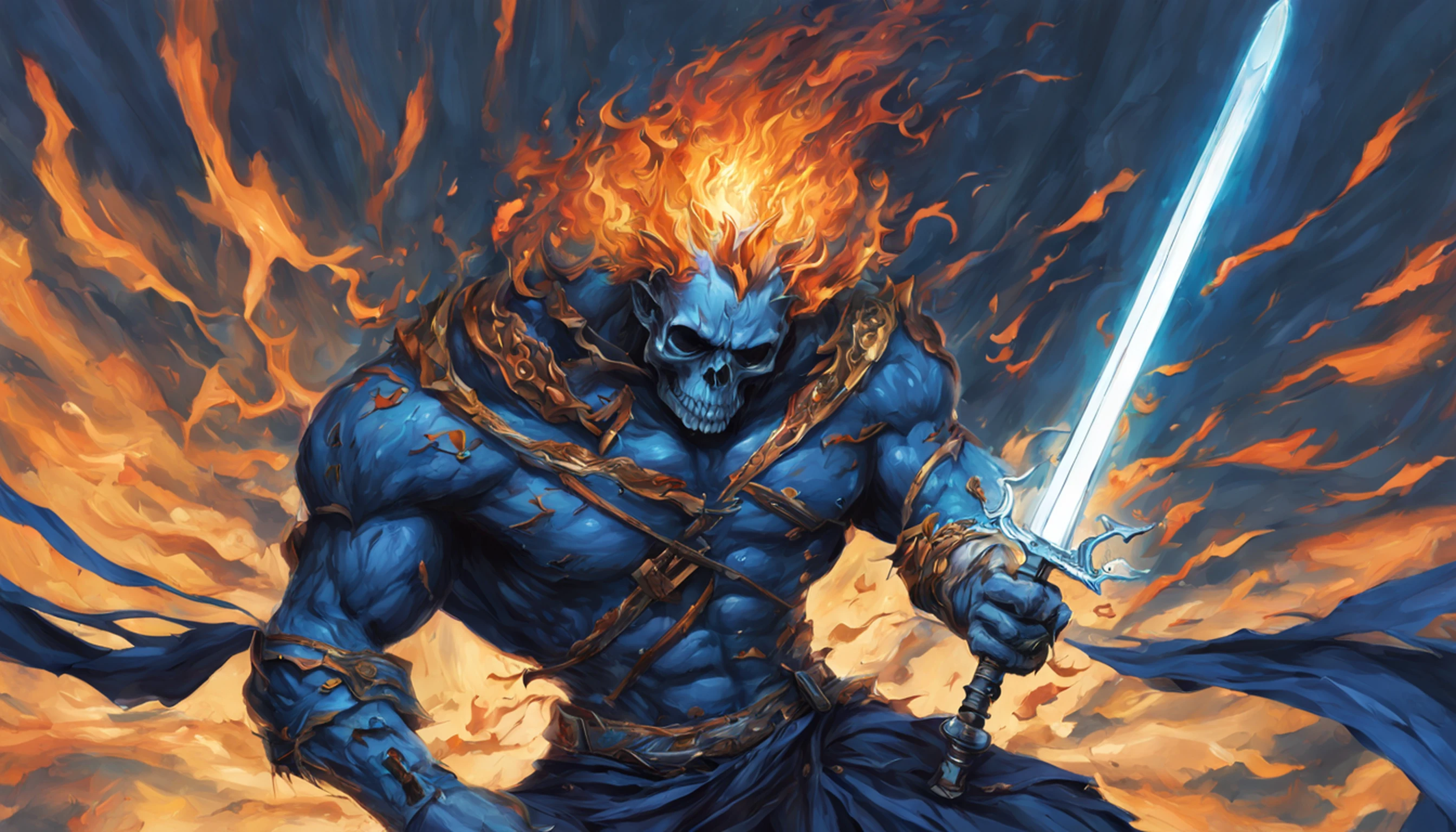 guerreiro esqueleto，Manto azul com chamas，Hold a sword in your hand，The skull has ghost fire in its eyes，Fora das chamas，Detalhes ultra-claros，arte oficial，Extreme Aesthetics，perspectiva de luz e sombra，powerful muscles，olhos ferozes，incomparable，Efeitos especiais poderosos