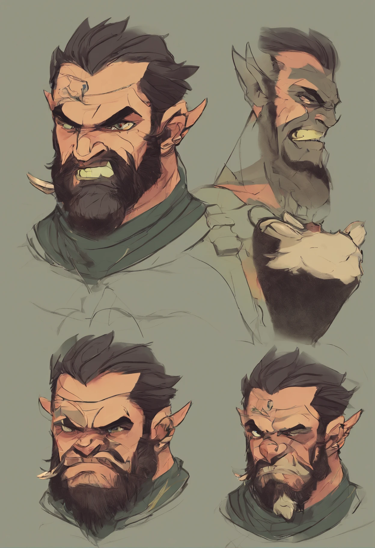 Face de um homem orc musculoso, manly, barba muito longa, pele verde, square jawline, musculoso, muito forte, peito peludo, manly, musculoso, Presas, presas grandes com a camisa do Barcelona