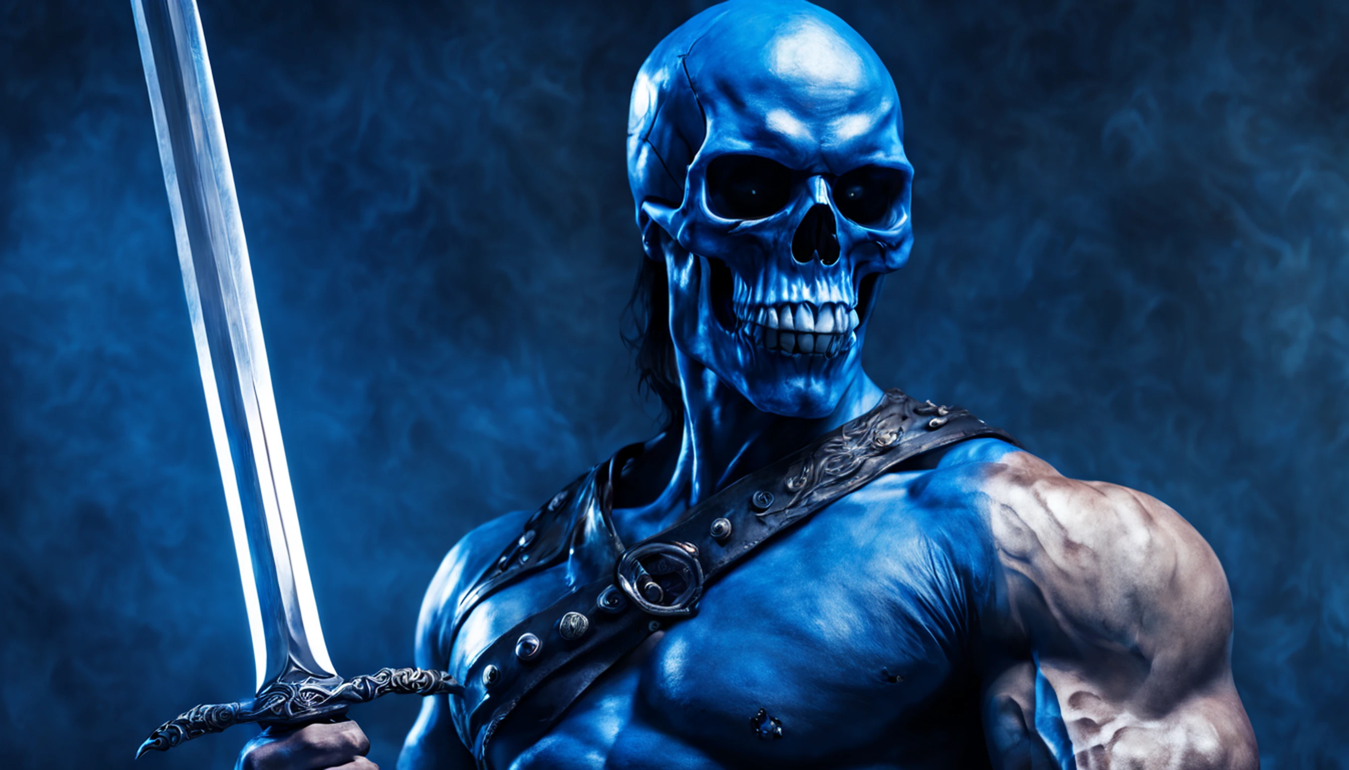 guerreiro esqueleto，Manto azul com chamas，Hold a sword in your hand，The skull has ghost fire in its eyes，Fora das chamas，Detalhes ultra-claros，arte oficial，Extreme Aesthetics，perspectiva de luz e sombra，powerful muscles，olhos ferozes，incomparable，Efeitos especiais poderosos