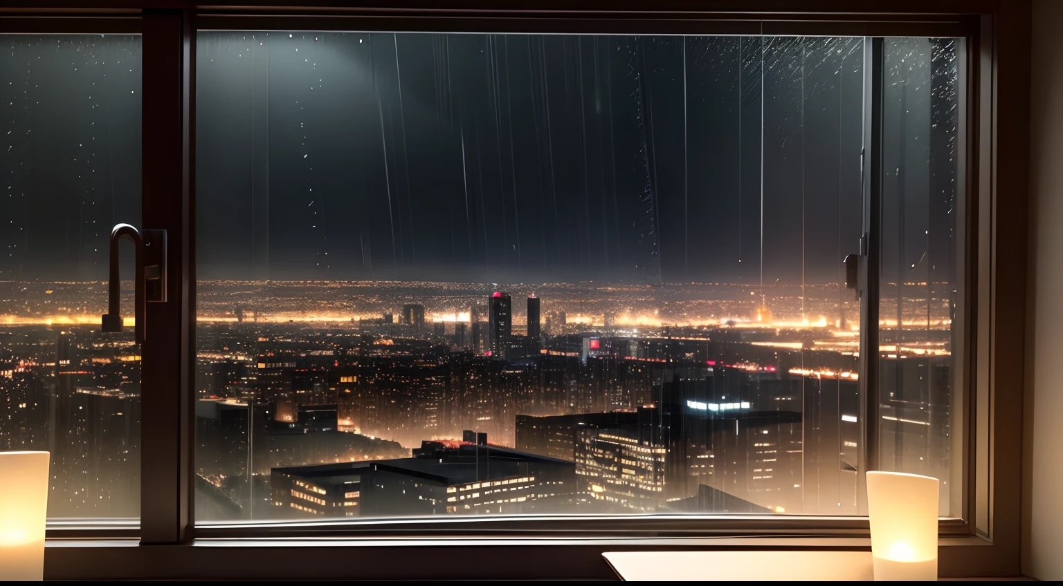 High-definition images、Realistic photos、Detailed description、Eye-level camera angle。Scenery through the glass、Rain outside the window、rain is falling、Blurred cityscape reflected in glass、Dimly lit cityscape。tranquil atmosphere、I can hear the sound of rain、Calm time。
