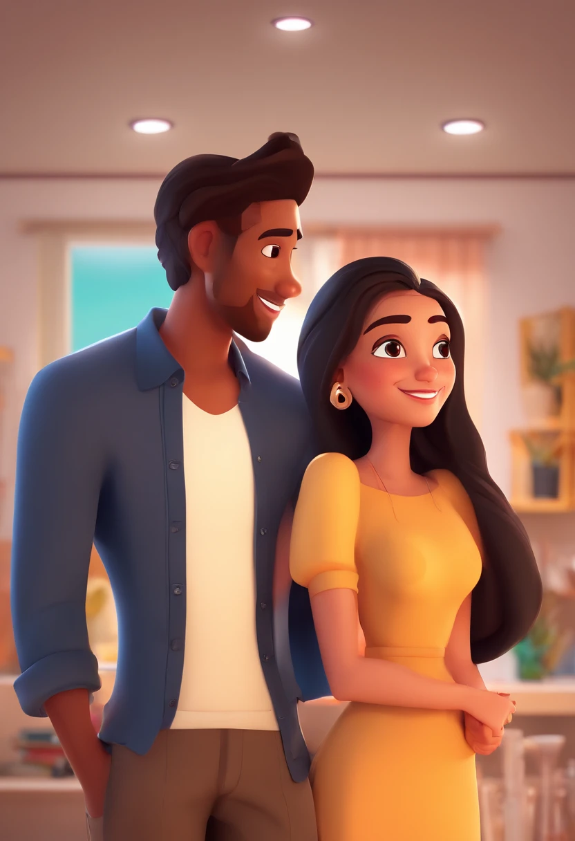 An illustration of an adorable couple, destacando um homem e uma mulher com bonito, Expressive eyes – the man's skin is black and the man's hair is bald and black, while the woman's skin is black and the woman's hair is curly and brown. They are a bright room, cada um com um sorriso no rosto, e compartilhar um momento especial caracterizado pelo amor, arroz, e insights educacionais. Illustrate this scene from a perspective where they are facing away from the camera, Showing Your Connection. Desenvolva esta arte em Full HD, Focus on your cinematic touch, Estilo Disney Pixar Animations