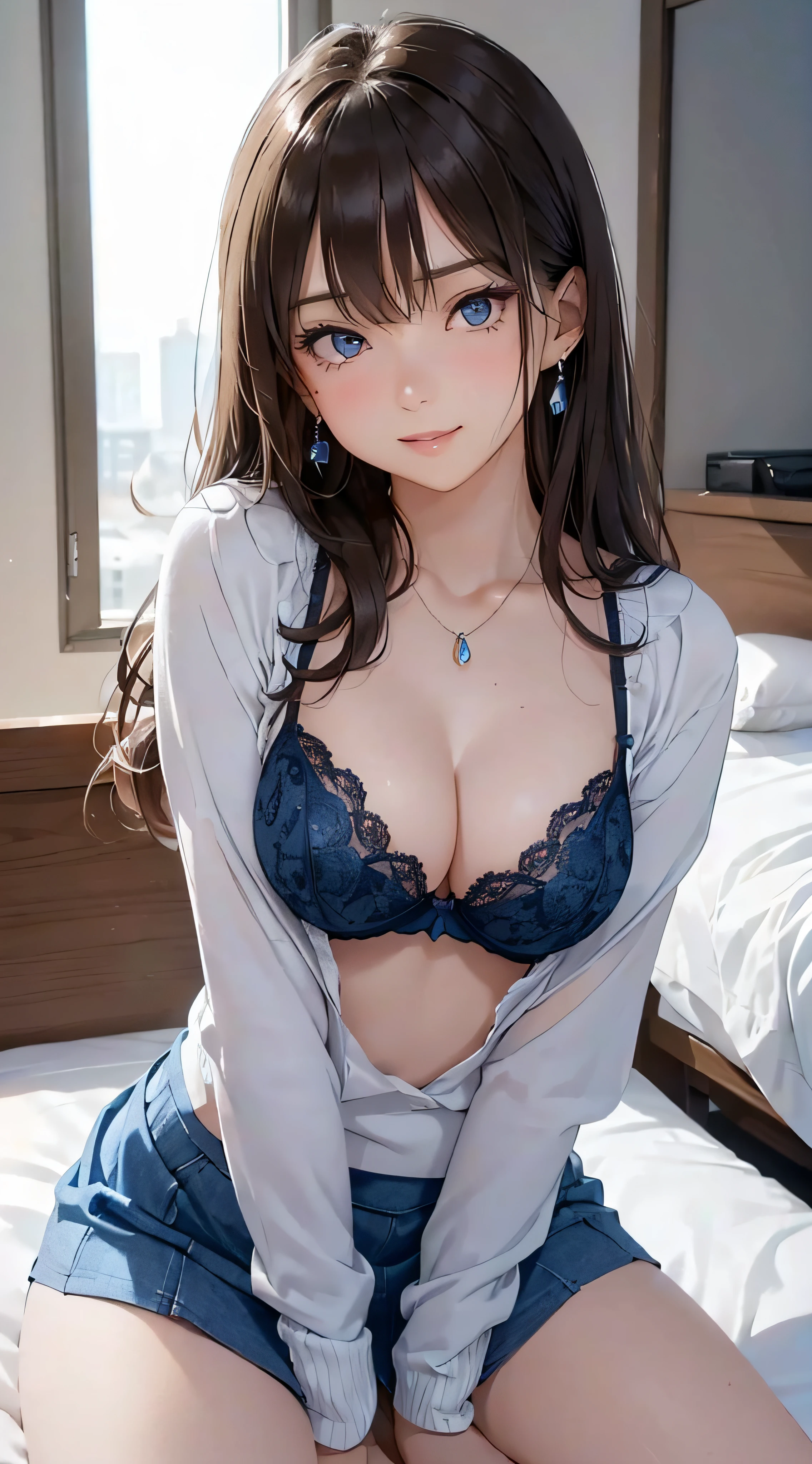 (masutepiece: 1.3), (max resolution: 1.2), (Ultra HDTV: 1.2), cinematric light, Ultra HDTV, (Detailed eyes and skin), (detailed facial features), nffsw, 8K resolution, Sharp Focus: 1.2, Perfect Style, Beautiful face, Perfect body, acurate, Anatomically correct, Highly detailed face and skin texture, Detailed eyes, Dark-blue eyes, Double eyelids, Thin eyebrows, Glitter Eyeliner: 1.2, Natural cheeks, Glossy skin, Fair skin: 1.2, shiny little necklace and earrings, (Glossy lips: 1.4), BREAK, One-person viewpoint, (She is a very cute female teacher), (Light blue lace panties、Sexy lace bra), (Seductive smile: 1.2), ((a Innocent and cute girl:1.3)), (Long Wave Hair), (ligh brown hair:1.2), BREAK, ((Very intimate relationships: 1.2)), medium large breasts, ((Looking at Viewer:1.2)), ((Hotel Bed:1.2)), ((Bend your knees and open your legs wide:1.2)), (From Side:1.2),low angle shot,FULL BODYSHOT Tight sweater with long sleeves Denim Mini Skirt Embarrassed look Crawling on all fours on a well-eyed bed、Head on pillow、Open your arms