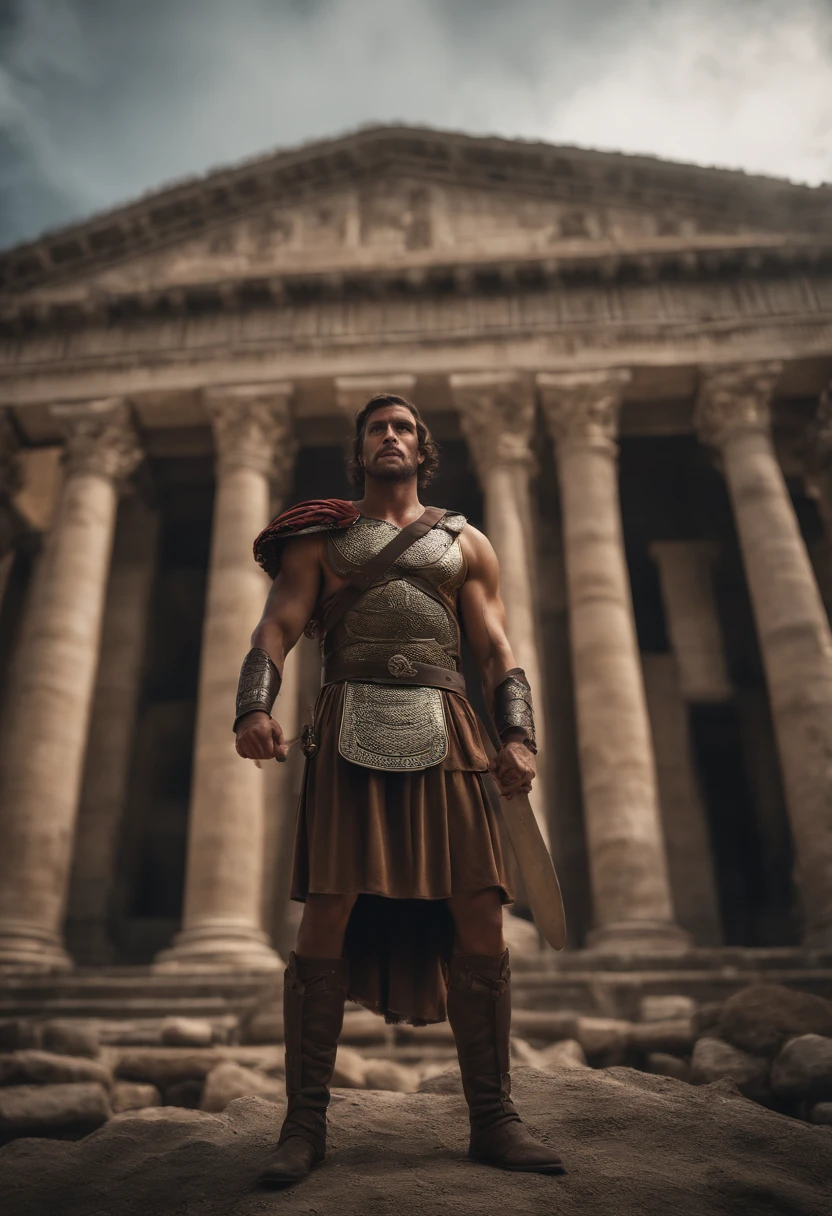 Roman soldier man in soldier's garb is standing in front of a Roman colossus, uma captura de tela inspirada em Alexander Fedosav, Dynamic Action Pose, Reddit, Massurrealismo, muito sexy masculino, em um coliseu, meio tiro de um hunky, gladiador romano, strong masculine features, homens musculosos, musculoso, in an arena pit, macho insanamente bonito, short messy hair, curtido atraente macho de carne com armadura