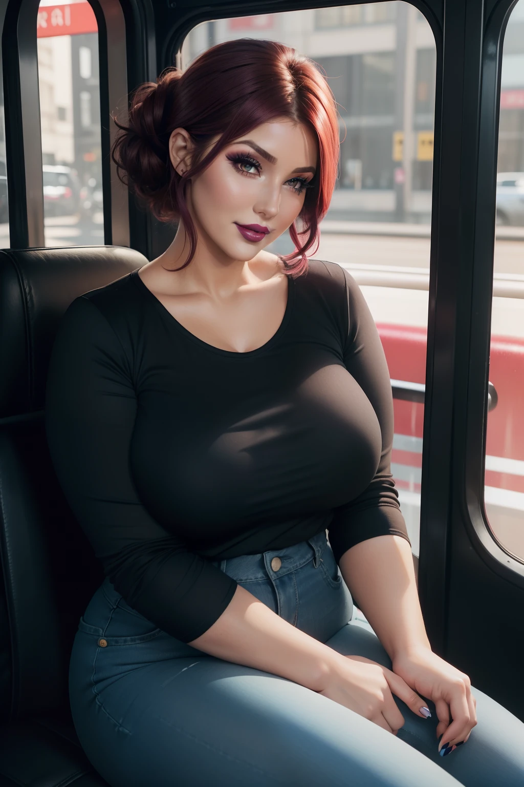 Lucy Pinder, face portrait, ((Very Intense Makeup)), ((Bright Lipstick)), smiling, ((makeup)), ((heavily made up)), short hair, maroon hair, hair tied all in a chignon, Voluptuous woman, long sleeve t-shirt, black t-shirt, blue jeans, purse, ((chubby woman)), cleavage, sitting on the bus seat, at night