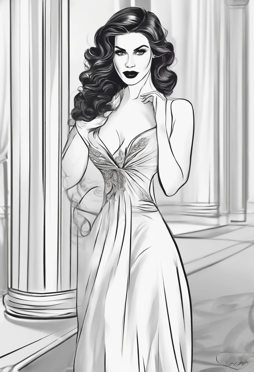 The realistic image features a woman posing for the camera, with a serious expression and an elegant posture. She's wearing a black dress and black shoes, complementing your appearance. A mulher tem cabelos longos e escuros, that fall in gentle waves halfway down to the shoulders. Its expression is composed, com um sorriso suave e um olhar penetrante. Your eyes are dark and burning, With an Almond shape and medium size. The palate is delicate and well-defined, com uma linha suave e um ligeiro arco. A mulher tem orelhas pequenas e delicadas, posicionadas na base do cabelo. Her eyebrows are bushy and well-defined, complementando seus olhos. There is no evidence of tattoos or scars on the image. Woman is posing with an elegant posture, segurando um prato de salada. The black dress is elegant and enveloping, with a soft pattern and a V-cut that highlights your silhouette.