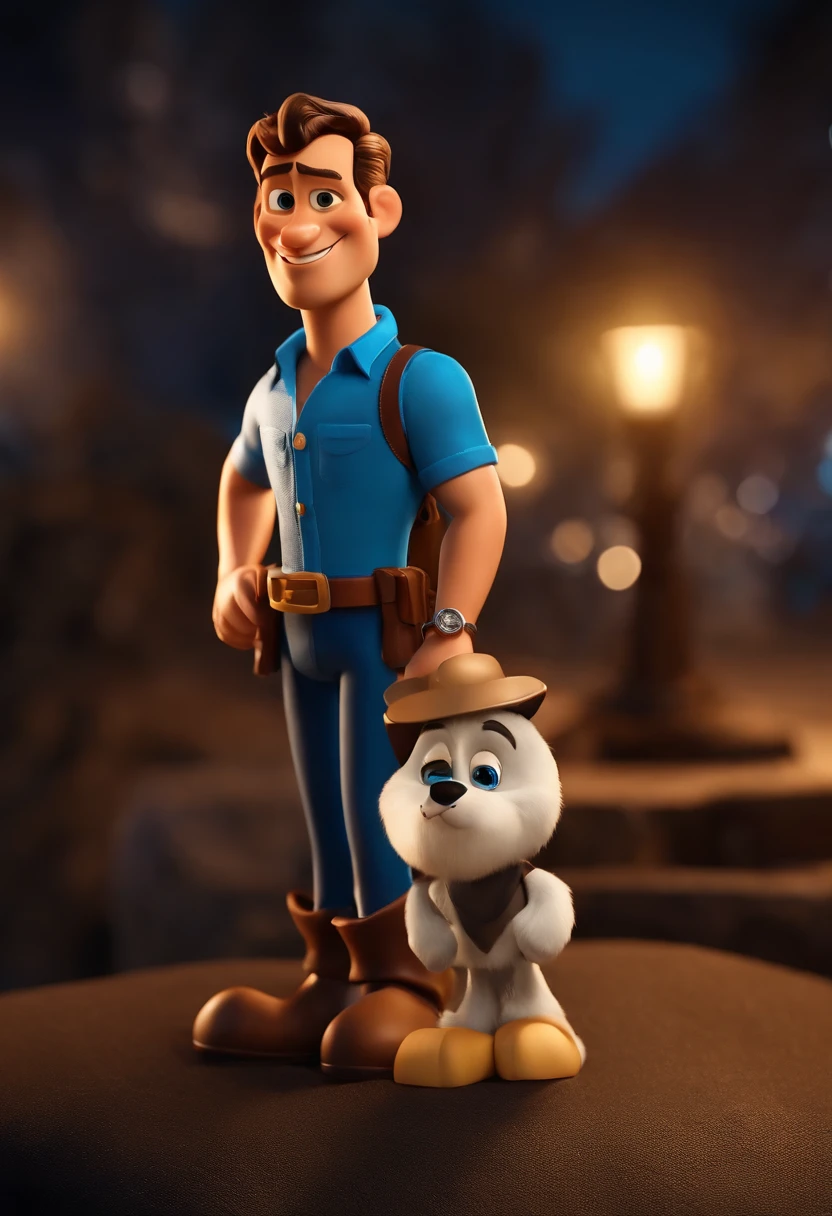 Homem engenheiro civil, estilo disney, tom de pele: claro: Cabelo: preto, liso, curto, usando um capacete branco. camisa: social, Cor azul. Fundo: uma obra com desfoque, sorrindo, feliz, (estilo pixar) (obra-prima:1.2) (bokeh) (melhor qualidade) (pele detalhada) (textura detalhada) (8k) (claymation) (cinematic lighthing) (foco nítido