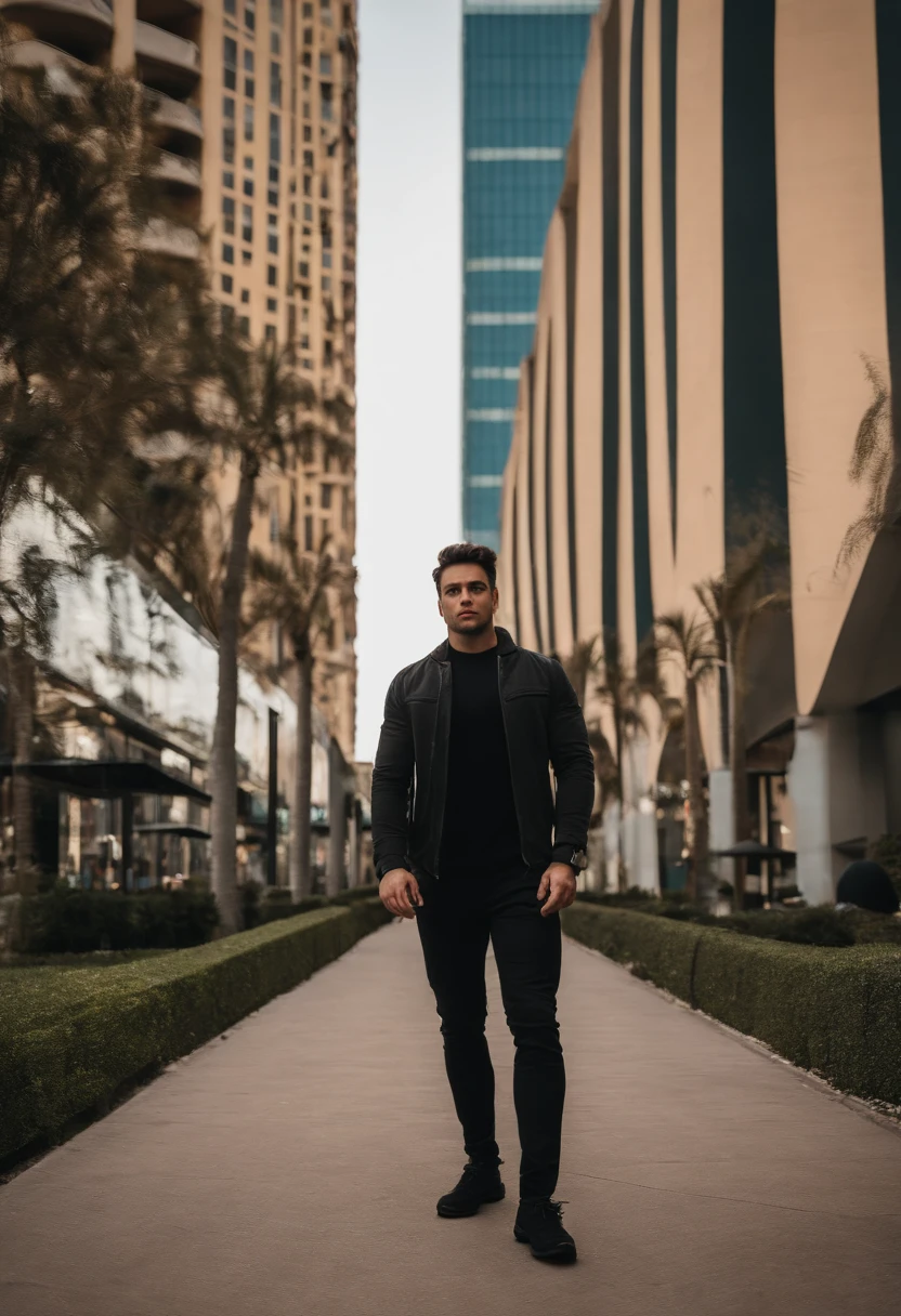 Man in black jacket in front of a tall building, Fotografia selfie 8k, Retrato Grande Angular, Retrato Grande Angular, imagem frontal, Looking directly at the camera, Retrato tirado 8 K, Jovem espanhol, Jovem homem grego, front facing the camera, em tempo ensolarado, em torno de 1 9 anos, com um parque ao fundo