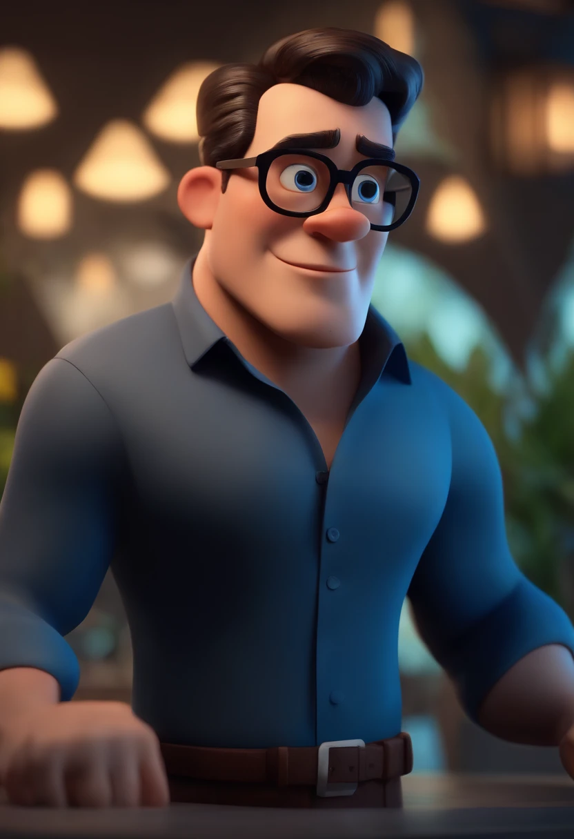 Cartoon character of a man wearing black glasses and a blue shirt, um personagem animado, Caractere estilizado, animation style rendering, 3D estilizado, Arnold Maya render, 3 d render stylized, toon render keyshot, Personagem 3D, Personagem 3D, 3d rendering stylized, 3 d character render, personagem de desenho animado, Personagem de close up, Pose de personagem, (Estilo Pixar) (master part:1.2) (Bokeh) (best quality) (pele detalhada) (textura detalhada) (8k) (argila) (Cinematic lighting) (foco nítido，Senta e vaza a parte superior do corpo