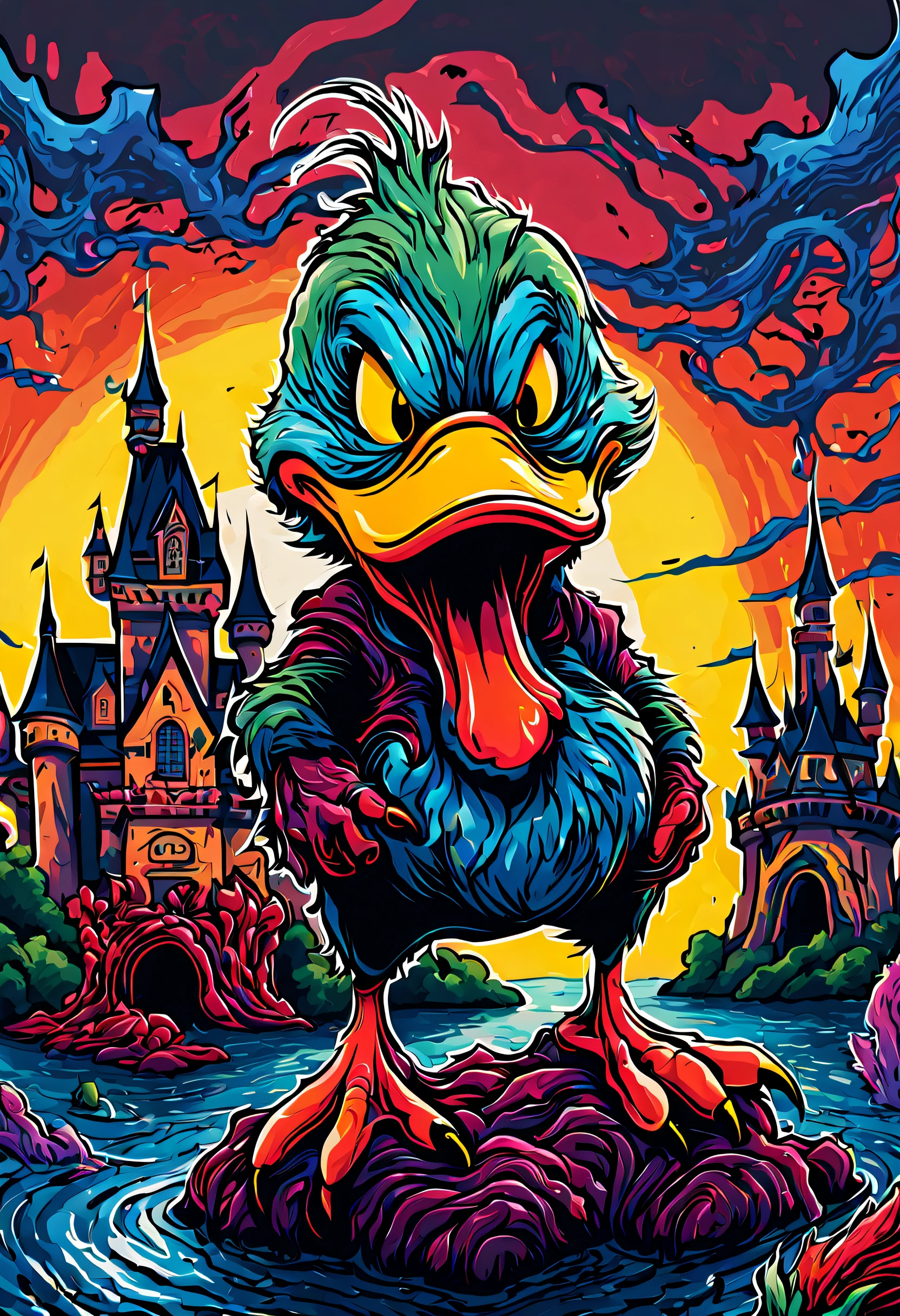 ((Masterpiece), ((Best Quality)), ((Ultra-detailed)), “Witness Duck Donald’s venomized evolution as he stands defiantly against the iconic backdrop of the Walt Disney castle, enveloped in an enchanting ((brock hofer style)), hyper beast, hyper monster, monster, colorfull, High detailed, Saturated colors, tentacles, zombies, blood, dark, carnage, guns, Color magic, vaporwave style, film grain style fujifilm XT3. HDR DSLR.