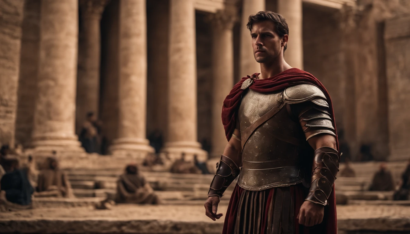 A young full-bodied Gallic warrior (Como Alix de Jacques Martin) com capa vermelha nas costas a passear em roma ao lado de um general romano e soldados romanos com o coliseu romano como fundo