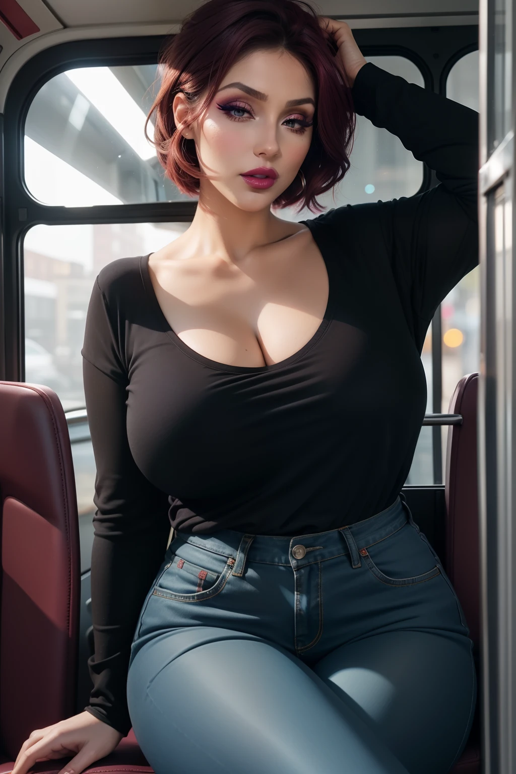lucy pinder, portrait, face portrait, super short hair, dora cut, black t-shirt, ((apron over t-shirt)), long jeans, red lips, voluptuous, sitting asleep on the bus, eyes closed, mouth wide open.