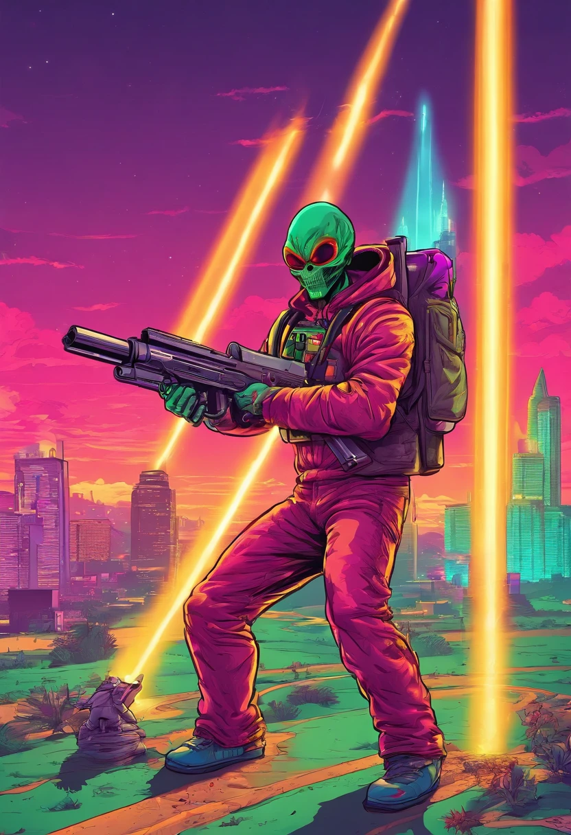 a retro alien com uma arma laser apontando para um homem assustado, master part, best quality,
