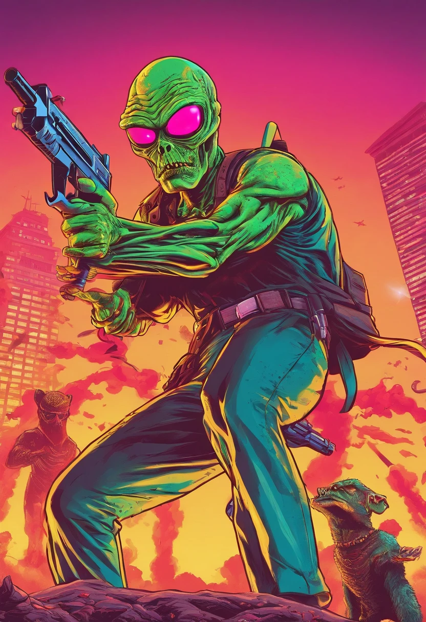 a retro alien com uma arma laser apontando para um homem assustado, master part, best quality,