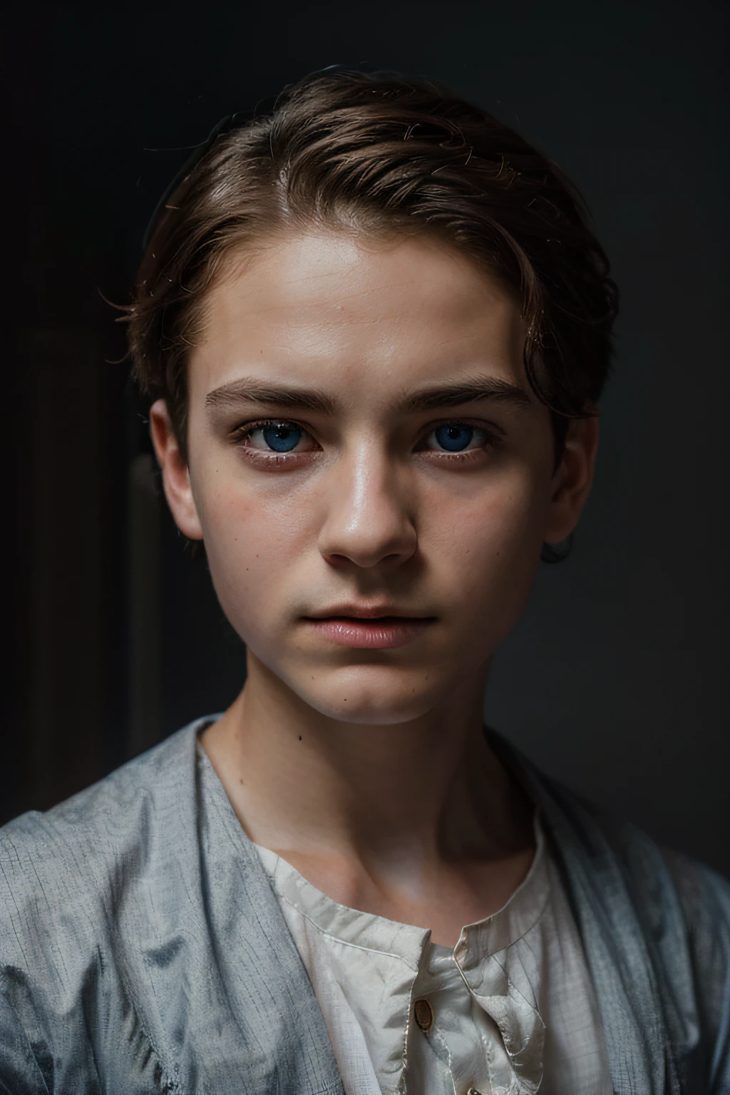 Hyper realistic, (***********, 1boy, professional portrait, pale, dramatic lighting), looking at viewer, {{dressed in 18th century clothing, 18th century face}}, bust shot, ((8k quality, RAW image)), (brown hai, blue eyes, short haircut)