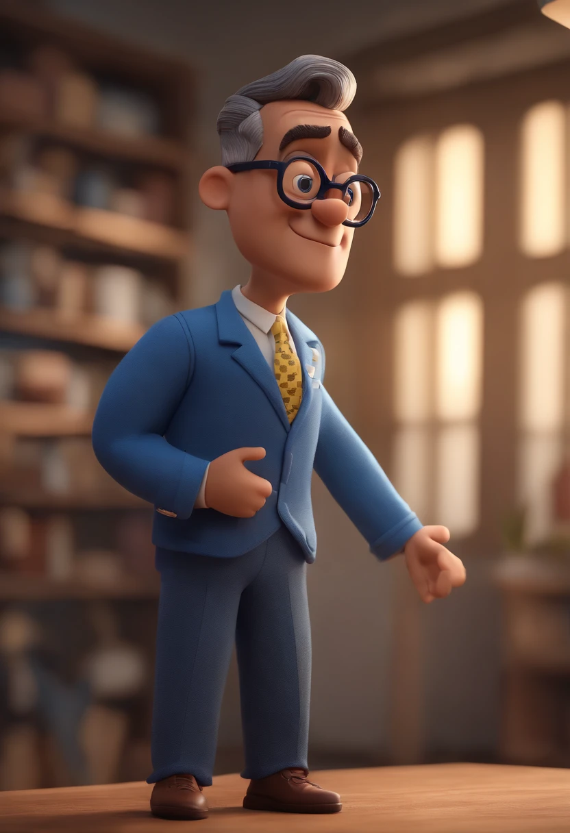 Cartoon character of a man wearing black glasses and a blue shirt, um personagem animado, Caractere estilizado, animation style rendering, 3D estilizado, Arnold Maya render, 3 d render stylized, toon render keyshot, Personagem 3D, Personagem 3D, 3d rendering stylized, 3 d character render, personagem de desenho animado, Personagem de close up, Pose de personagem, (Estilo Pixar) (master part:1.2) (Bokeh) (best quality) (pele detalhada) (textura detalhada) (8k) (argila) (Cinematic lighting) (foco nítido，Senta e vaza a parte superior do corpo