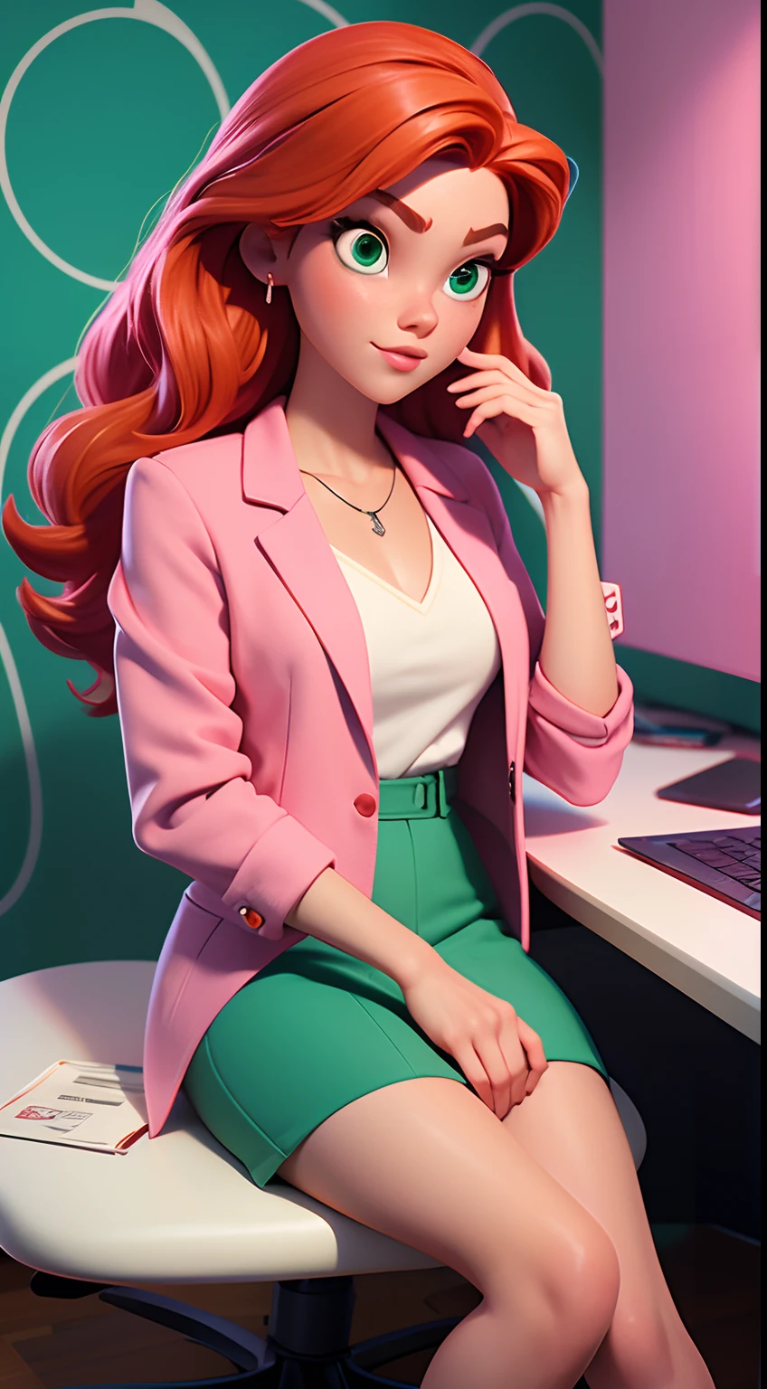 Inspired by Disney Pixar in 3d, a girl with straight red hair, white skin and green eyes, wearing a pink blazer Heeled shoes... Working in an office, with a wallpaper with an Instagram design holding a phone sitting at the table with a computer, this girl is a creative content creator