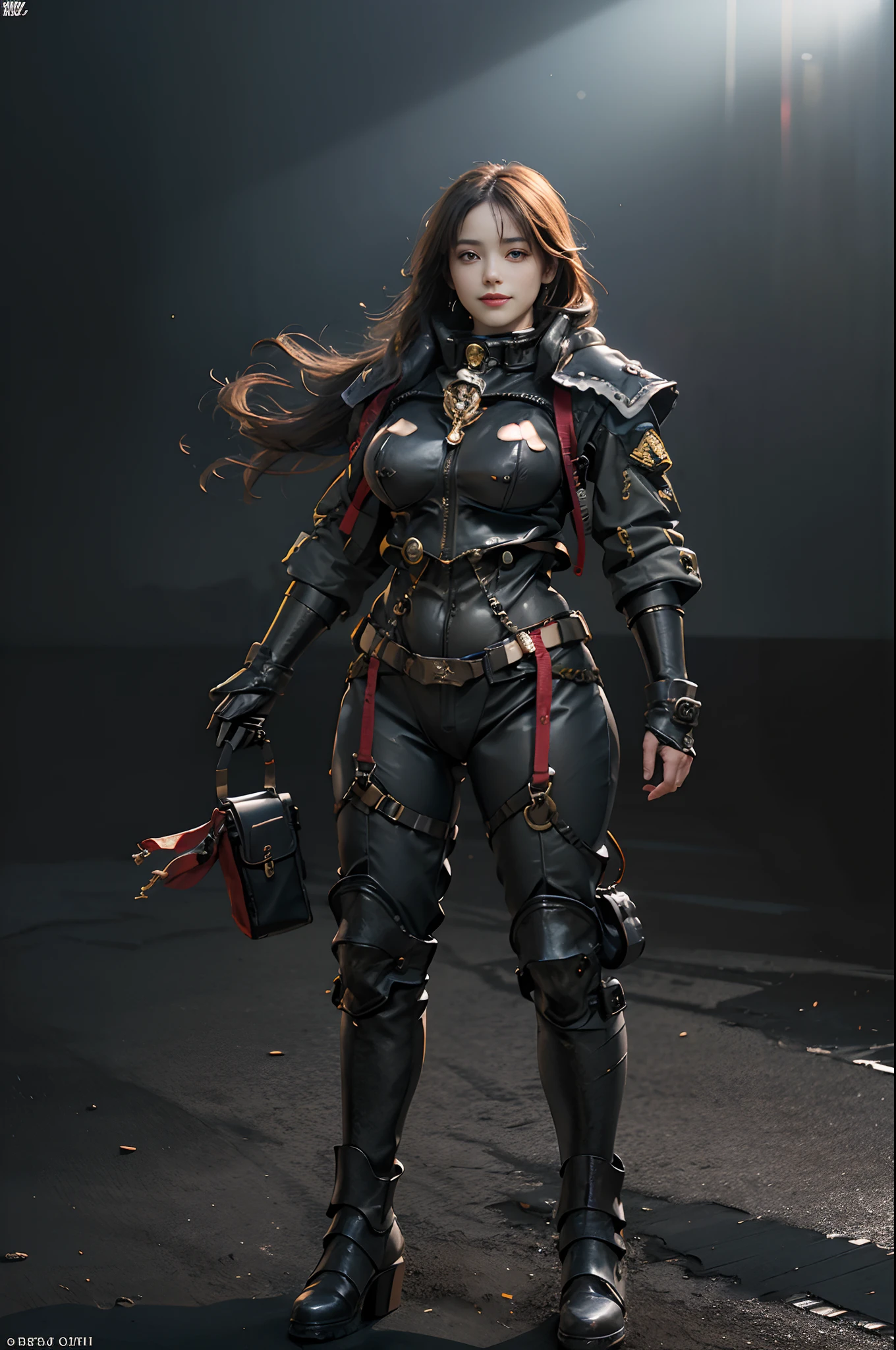 (Highest image quality, outstanding details, ultra-high resolution), 1 girl, suit((futuristic military outfit, adepta sororitas, military harness, military gears such as pouches)), (glamour body, curvy body, buffed and muscular body, tight abs, ), background military base, bright smile with pleasure and excitement, dynamic pose, random hair color, dramatic lighting, full body shot,