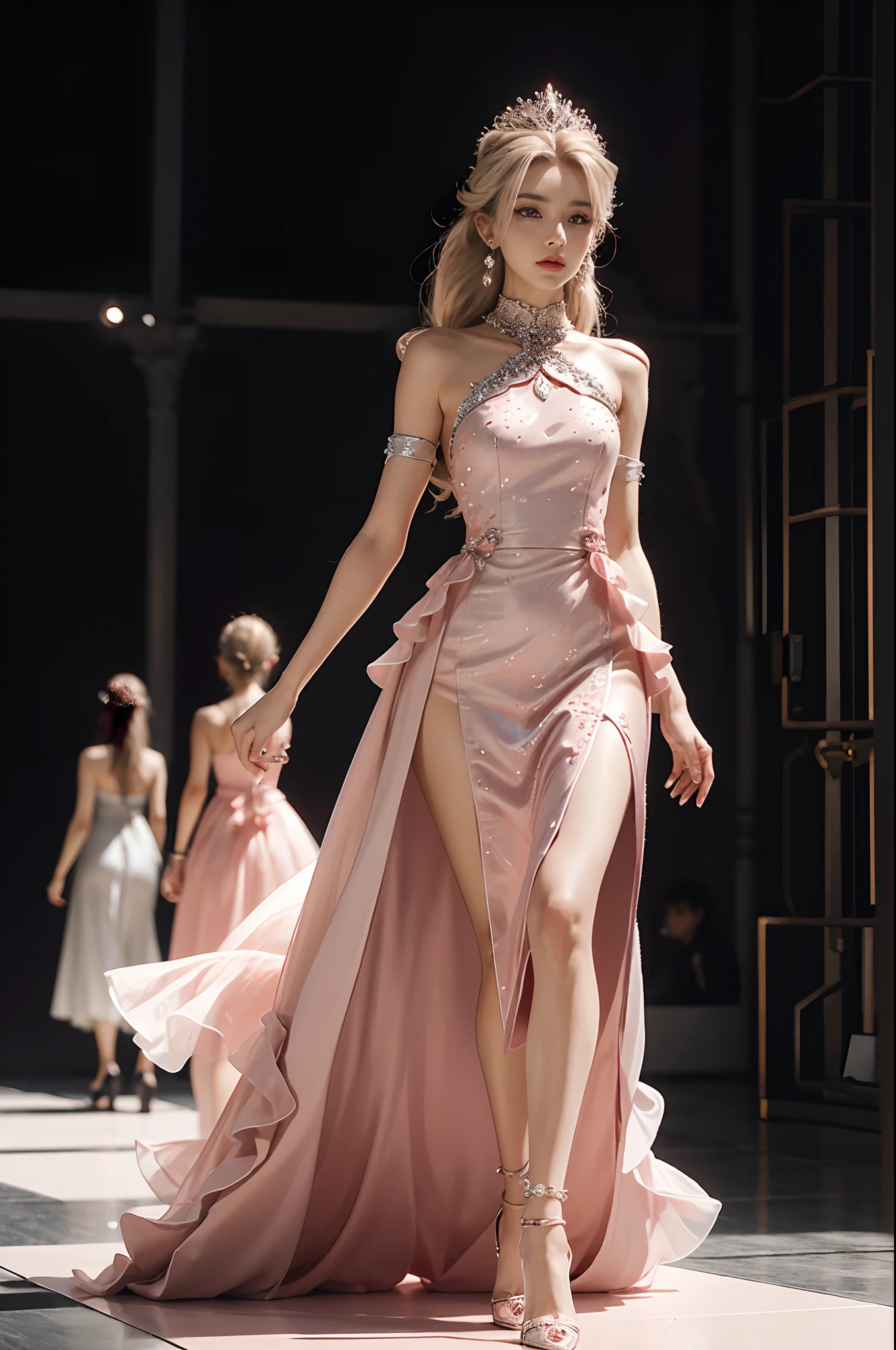 Fashion show, A female model walking on the catwalk, she wears a architectural salmon pink dress, silver embellishments, fashion statement dress, Elsa Schiaparelli inspired dress. Highly detailed.
