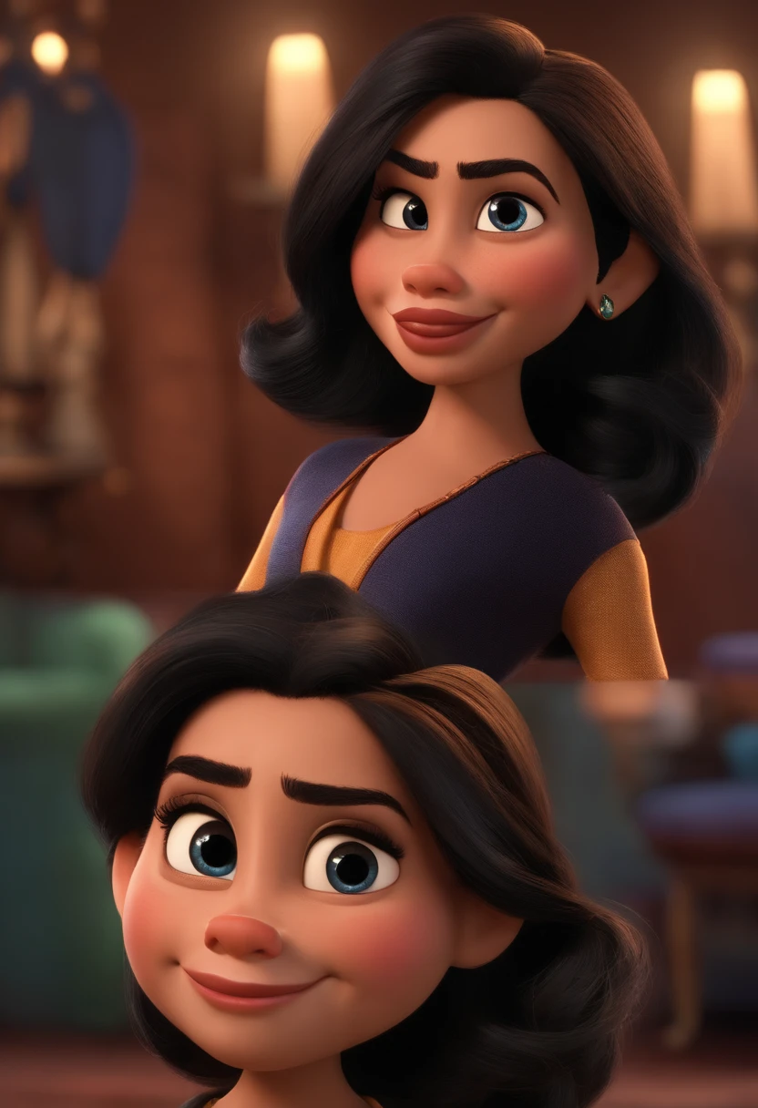 Imagem estilo Pixar com personagem 3D personagem com as seguintes caracteristicas: mulher, morena, cabelos pretos cacheados e longos, with a large cheekbone and a wide nose. she's standing in an empowered pose like a Pixar animation, de perto. The character takes center stage with captivating facial expressions, oferecendo um toque de irrealidade sorridente ,Close-up, Pixar, Disney, Cinema lighting,