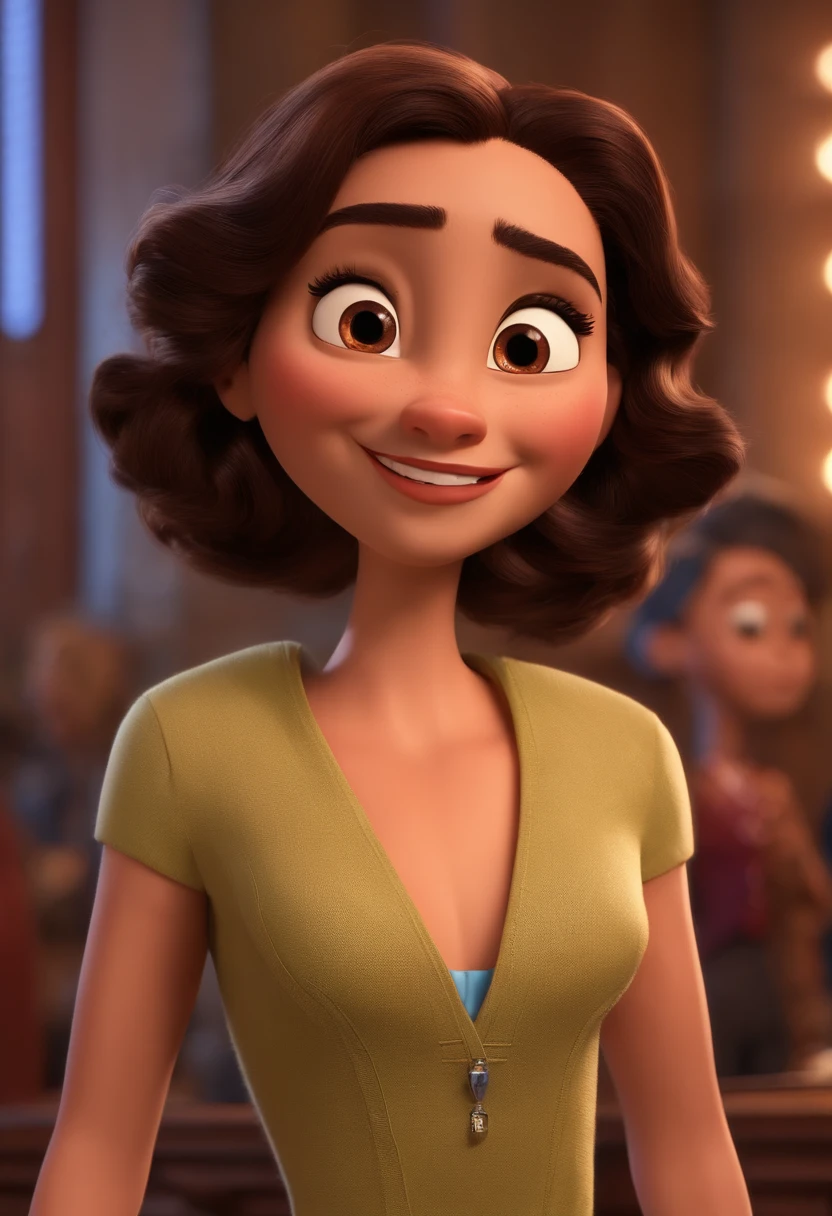 Imagem estilo Pixar com personagem 3D personagem com as seguintes caracteristicas: mulher, morena, cabelos pretos cacheados e longos, with a large cheekbone and a wide nose. she's standing in an empowered pose like a Pixar animation, de perto. The character takes center stage with captivating facial expressions, oferecendo um toque de irrealidade sorridente ,Close-up, Pixar, Disney, Cinema lighting,