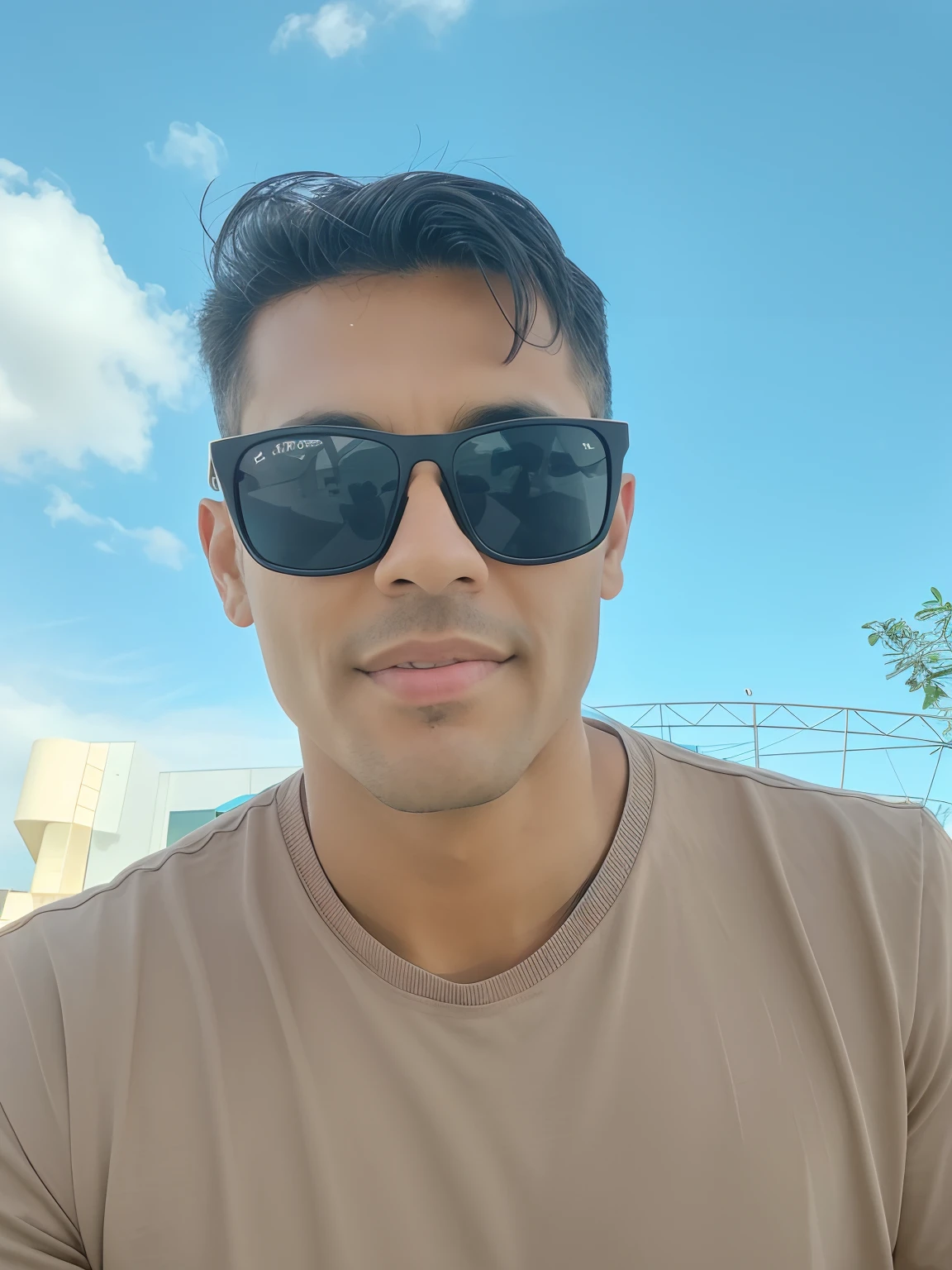 Man in sunglasses and tanned shirt sitting in front of a building, 2 7 anos, 3 2 anos, 2 8 anos, 2 9 anos, Fotografia selfie 8k, with sun glasses, 38 anos, 3 6 anos, em tempo ensolarado, 35 anos, 3 5 anos
