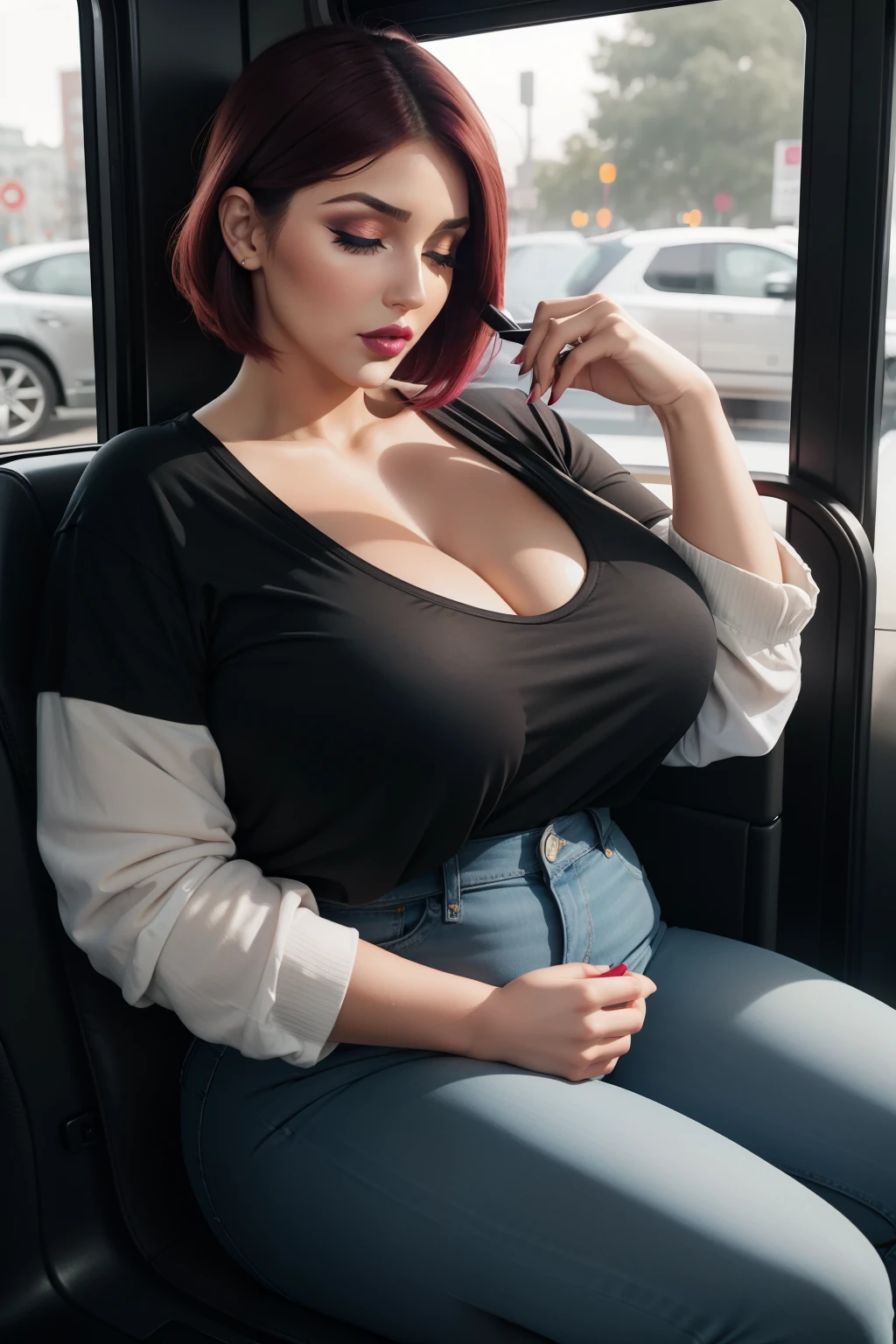 Lucy Pinder, face portrait, ((Very Intense Makeup)), ((Bright Lipstick)), mouth wide open, ((makeup)), ((heavily made up)), short hair, maroon hair, hair tied all in one chignon, Voluptuous Woman, long sleeve t-shirt, black t-shirt, blue jeans, purse, ((chubby woman)), cleavage, sitting on the bus seat, eyes closed, at night, night