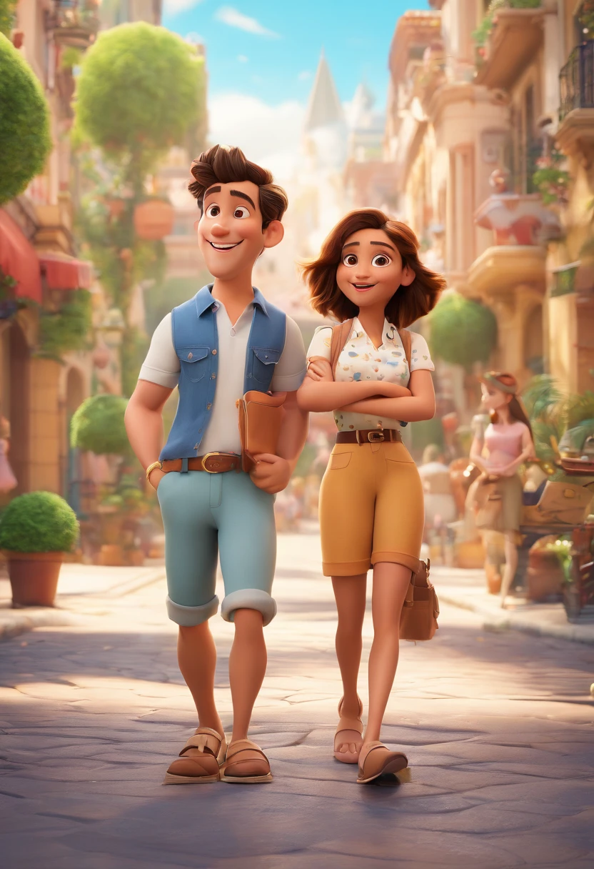 Cartoon of friends having fun on vacation together,  3D Animation Movie Poster, Poster de filme animado, pixar 3 d animation style, pixar renderman rendering, maia 8 mil, animated film, Disney Pixar Estilo 3D, amigos felizes saem juntos, all wearing light blue shirts and cream brown long pants, camisa azul clara, cream brown pants, ao ar livre, vacation, Disney Pixar Animation Poster