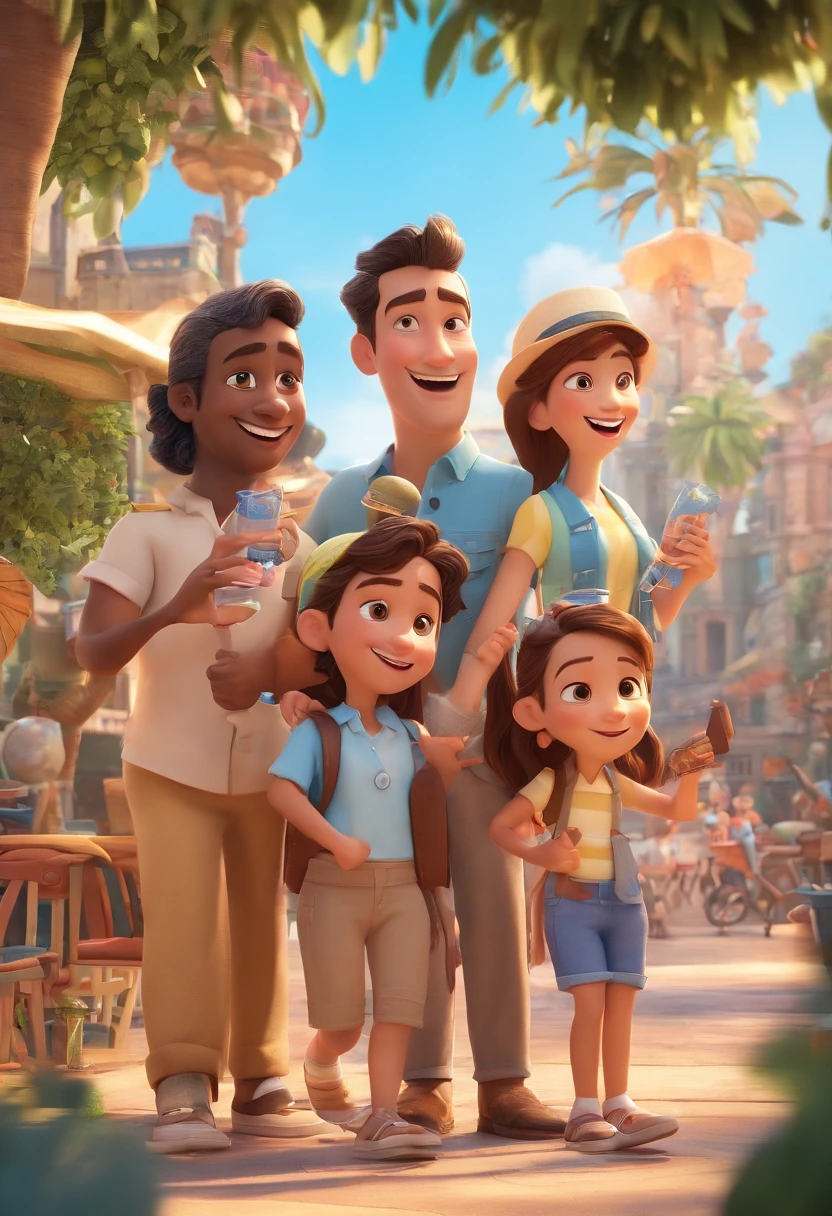 Cartoon of friends having fun on vacation together,  3D Animation Movie Poster, Poster de filme animado, pixar 3 d animation style, pixar renderman rendering, maia 8 mil, animated film, Disney Pixar Estilo 3D, amigos felizes saem juntos, all wearing light blue shirts and cream brown long pants, camisa azul clara, cream brown pants, ao ar livre, vacation, Disney Pixar Animation Poster