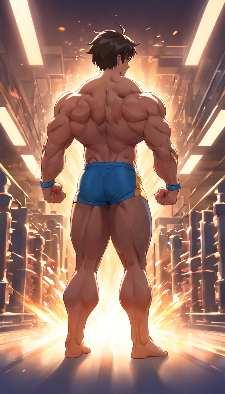 (((homem))), (((melhor qualidade))), (((obra prima))), (((adulto))), (((bodybuilder))), 30 anos, na academia, levantando halteres, sem camisa, bermuda preta, pelos ruivos, masculo, musculoso, brutal
