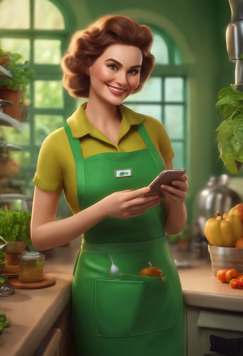 a woman in a green apron with a green badge, advertising photo, pixar style, she is smiling, with a smartphone in her hand