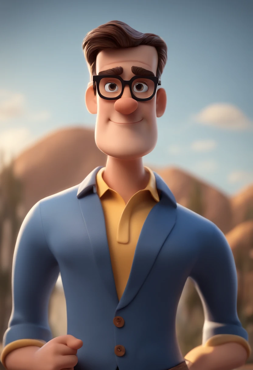 Cartoon character of a man with black glasses and a blue shirt, animation character, Caractere estilizado, animation style rendering, 3D estilizado, Arnold Maya render, 3 d render stylized, toon render keyshot, Personagem 3D, Personagem 3D, 3d rendering stylized, 3 d character render, personagem de desenho animado, Personagem de close up, Pose de personagem, (Estilo Pixar) (master part:1.2) (Bokeh) (best quality) (pele detalhada) (textura detalhada) (8k) (argila) (Cinematic lighting) (foco nítido