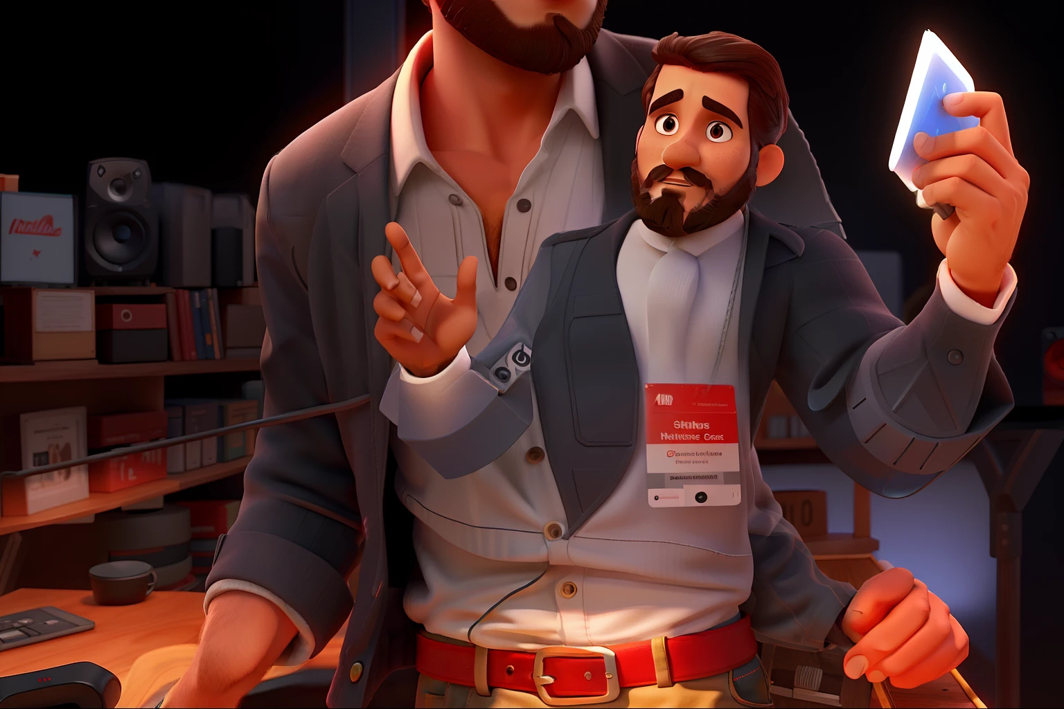Pode melhorar barba mais rala com uns fios brancos, Make the full body appearing white red shoes. Man stands on black background on a speaker-like stage with microphone in one hand and book in the other in Disney pixar style best quality, maior qualidade.