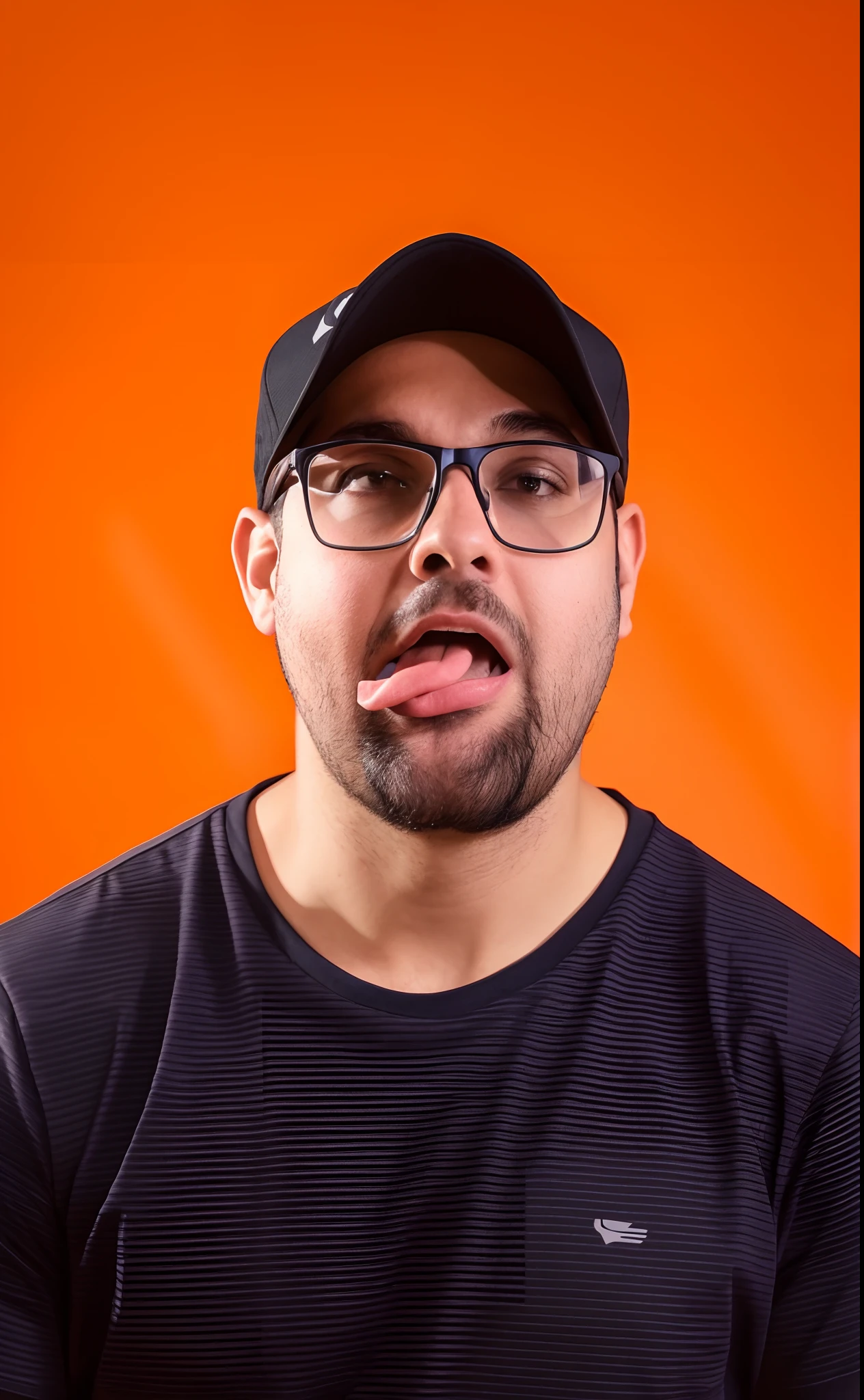 There's a man with glasses and a hat making a face, na frente de um fundo laranja, h3h3, Ethan Klein, licking tongue, lambendo para fora, Tongue out, Atarracado, foto de perfil headshot, boca aberta, Tongue sticking out, cuspe voando da boca, large tongue, costeletas de carneiro, Streamer do Twitch / Jogador Ludwig, Ray Guilherme Johnson