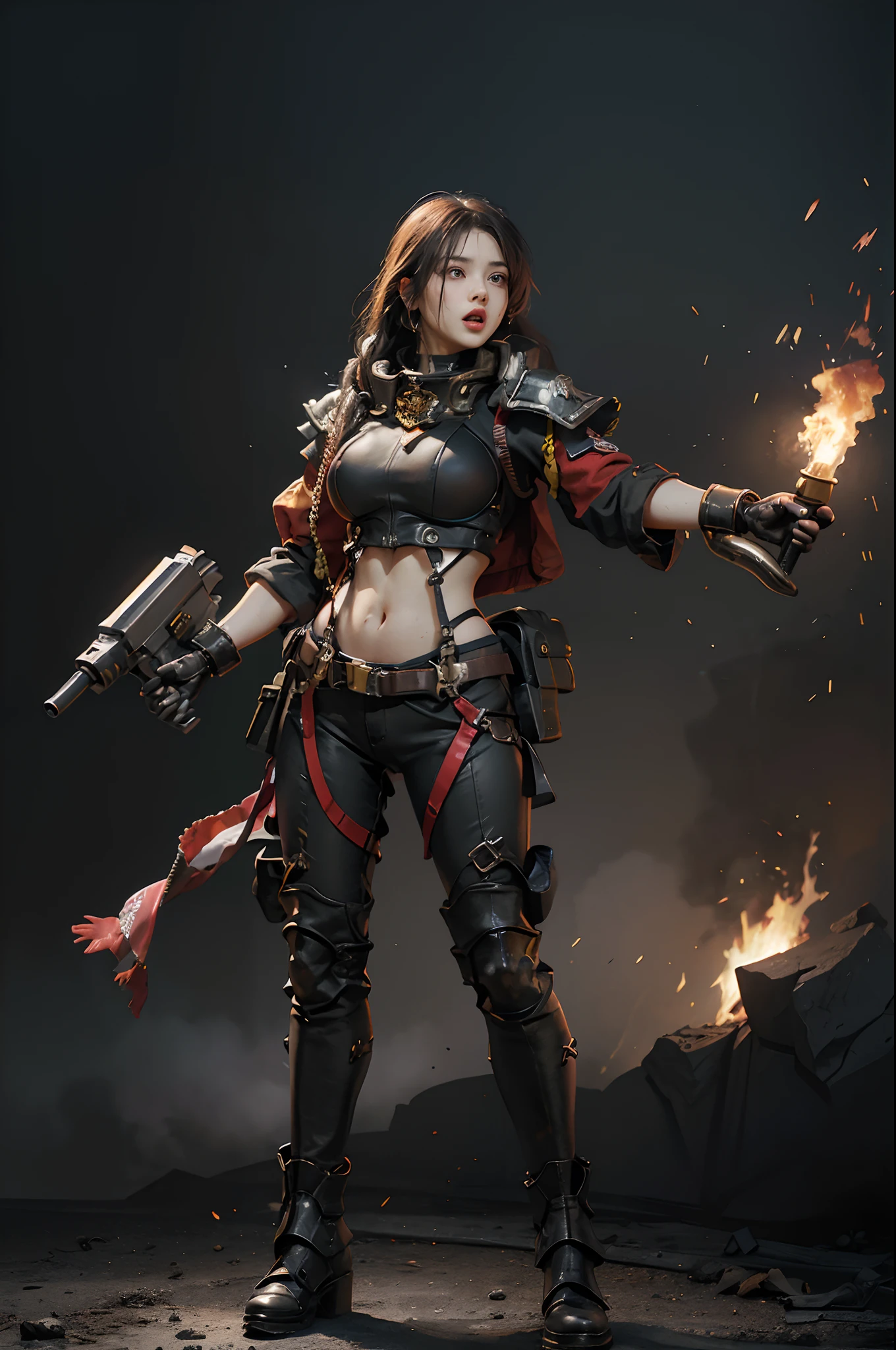 (Highest image quality, outstanding details, ultra-high resolution), 1 girl, suit((futuristic military outfit, adepta sororitas, military harness, military gears such as pouches)), (glamour body, curvy body, buffed and muscular body, tight abs, ), background(warfare background including explosion and flame), (open mouth and shout out for war cry, angry expression, aggressive expression, pointing to a direction, advancing), random hair color, full body shot,