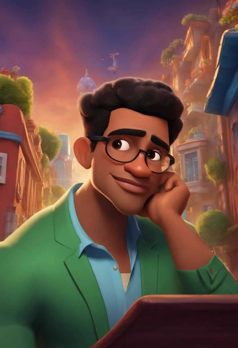 A city councilman looking at a dream project inspired by Pixar animation, de perto. The character takes center stage with captivating facial expressions, oferecendo um toque de irrealidade