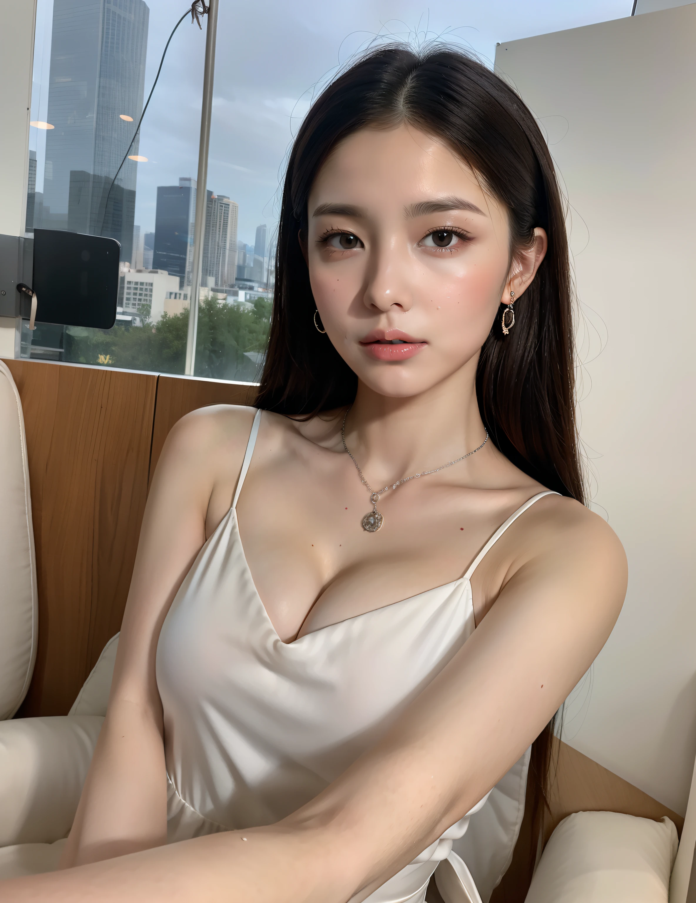 8K, top-quality, ​masterpiece, realisitic, Photorealsitic, ultra-detailliert, ((You can see the night view from the window)), hotels room, well-shaped breasts, I can see the cleavage, 1 persons, 35-year-old woman, Dark hair, Facing the front, bobhair, straight haired, Floating hair,  (Look at viewers), Pendants, white  shirt, extremely detailed face and skin, A detailed eye, extremely detailed face and skin, Arms Down, Breasts squeezed together